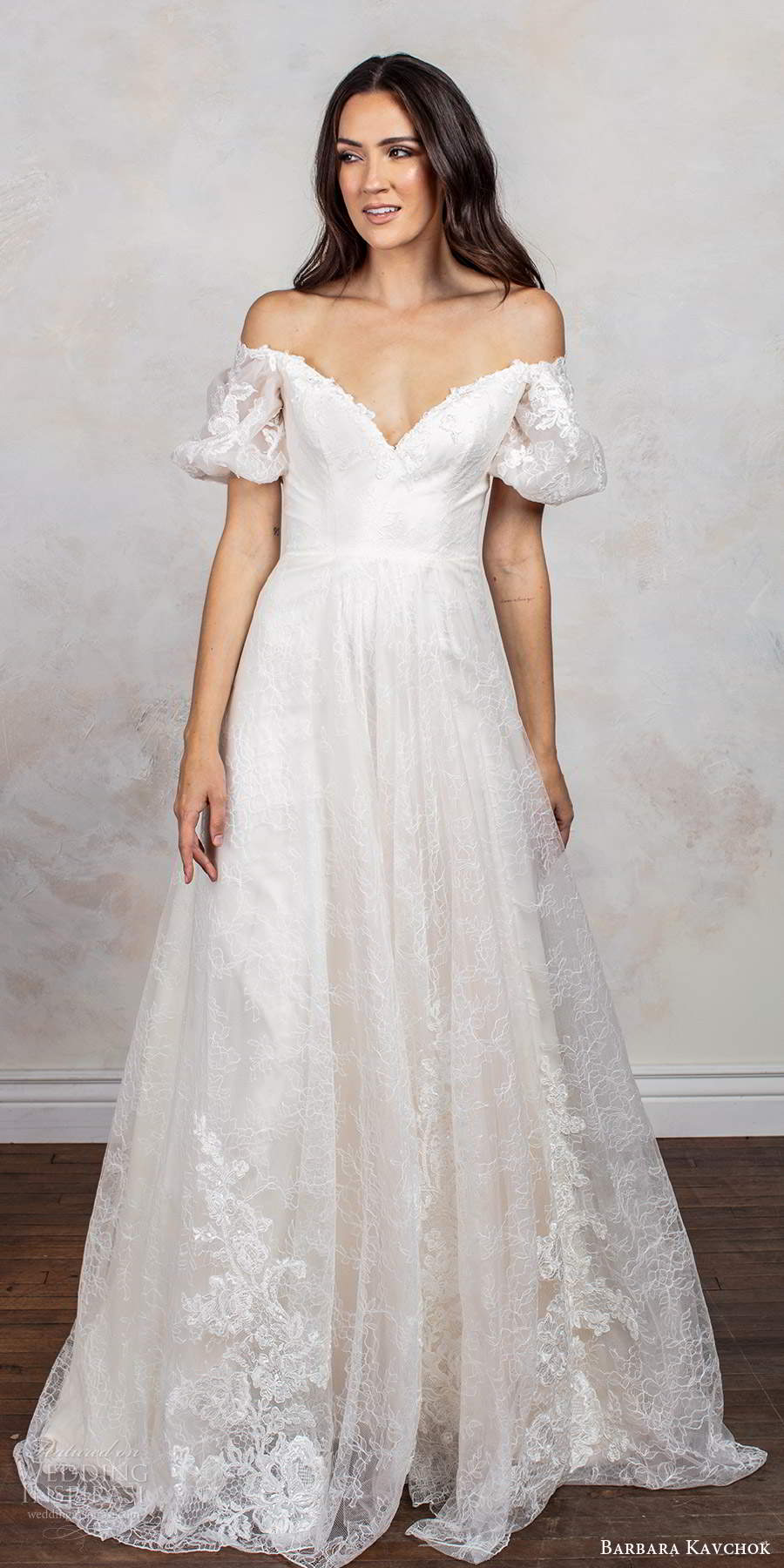 barbara kavchok fall 2020 bridal short puff sleeves off shoulder sweetheart neckline fully embellished lace a line ball gown wedding dress scoop back chapel train (1) mv