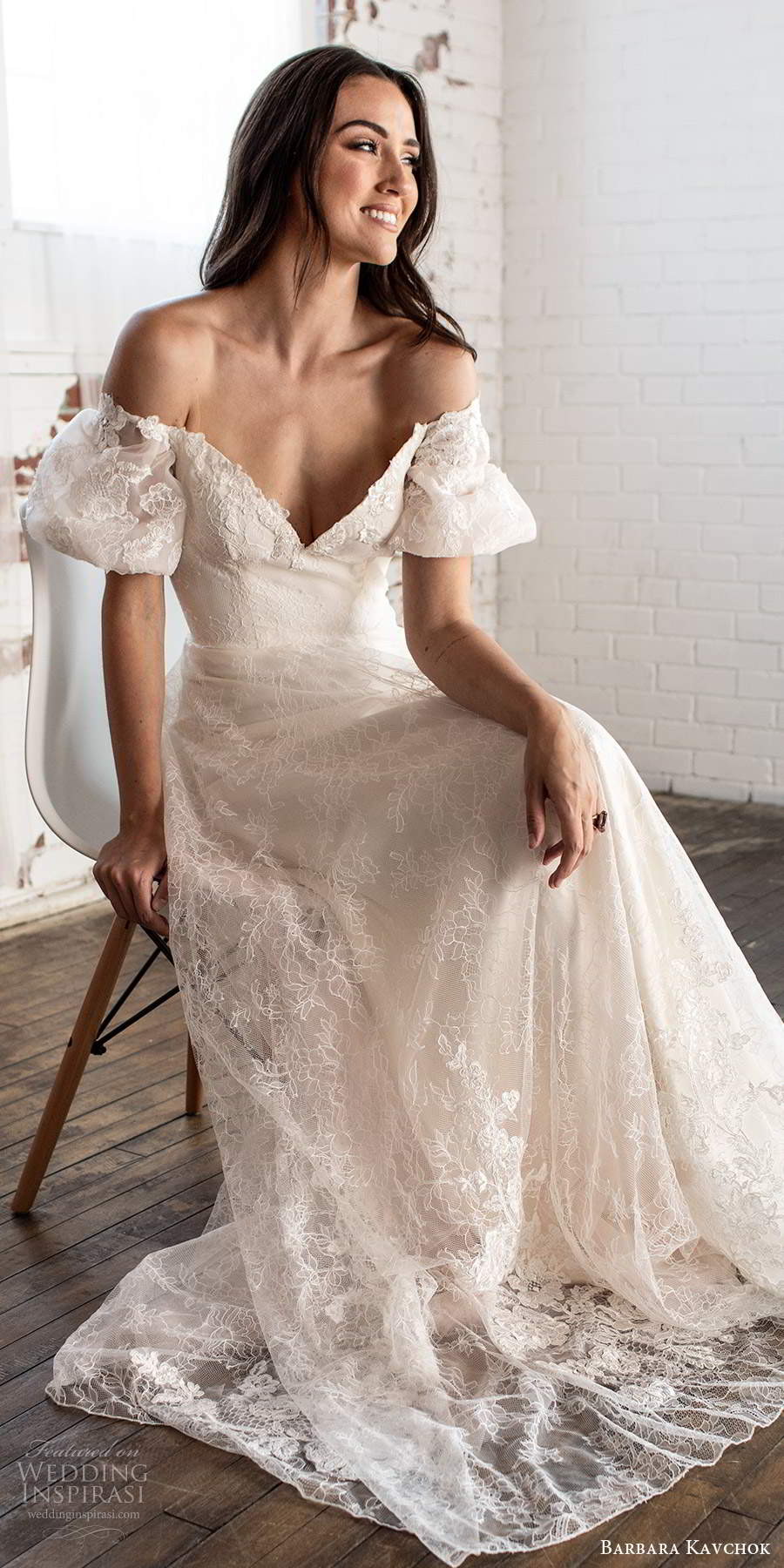 barbara kavchok fall 2020 bridal short puff sleeves off shoulder sweetheart neckline fully embellished lace a line ball gown wedding dress scoop back chapel train (1) zv