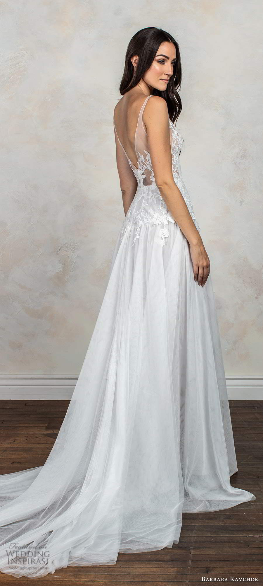 barbara kavchok fall 2020 bridal sleeveless illusion straps v neckline embellished sheer bodice a line ball gown wedding dress chapel train (6) bv