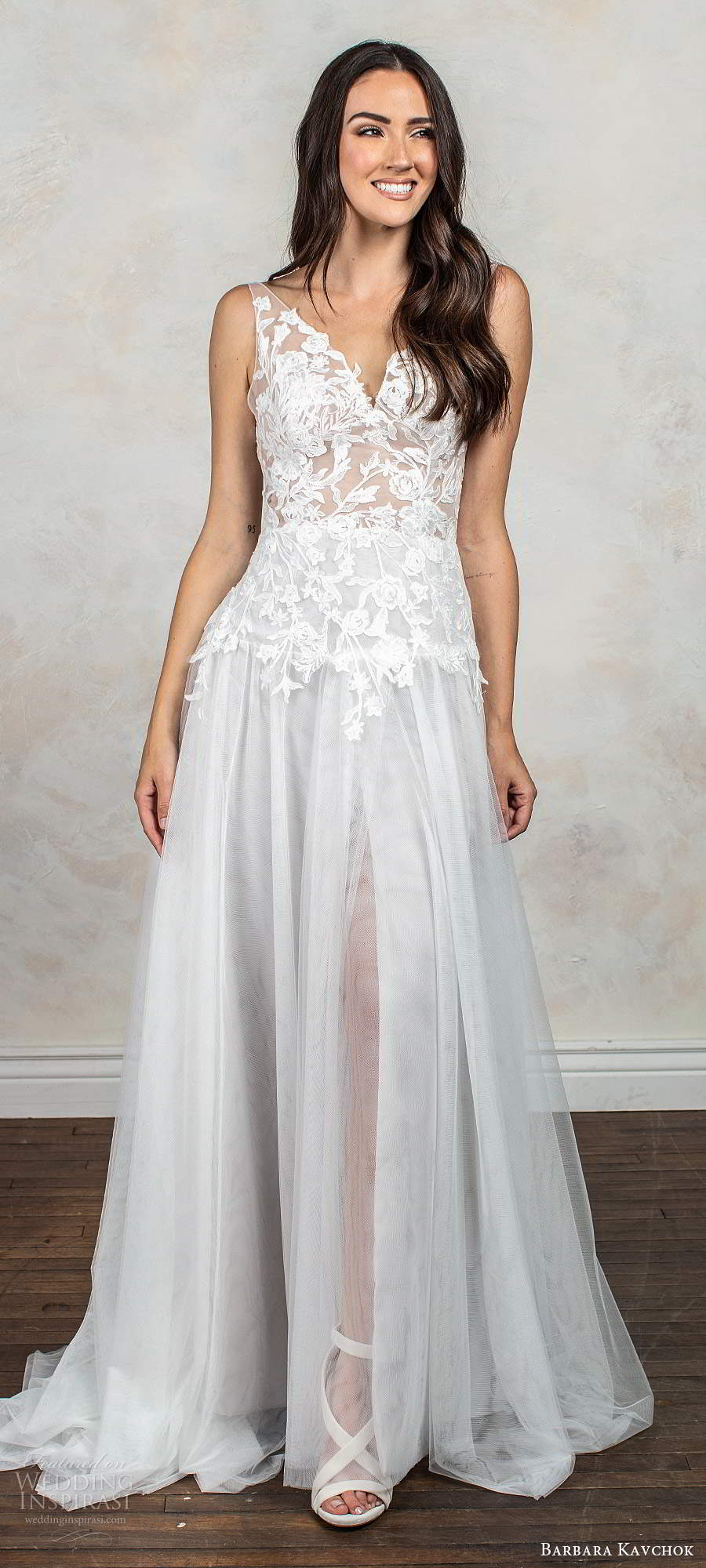 barbara kavchok fall 2020 bridal sleeveless illusion straps v neckline embellished sheer bodice a line ball gown wedding dress chapel train (6) mv