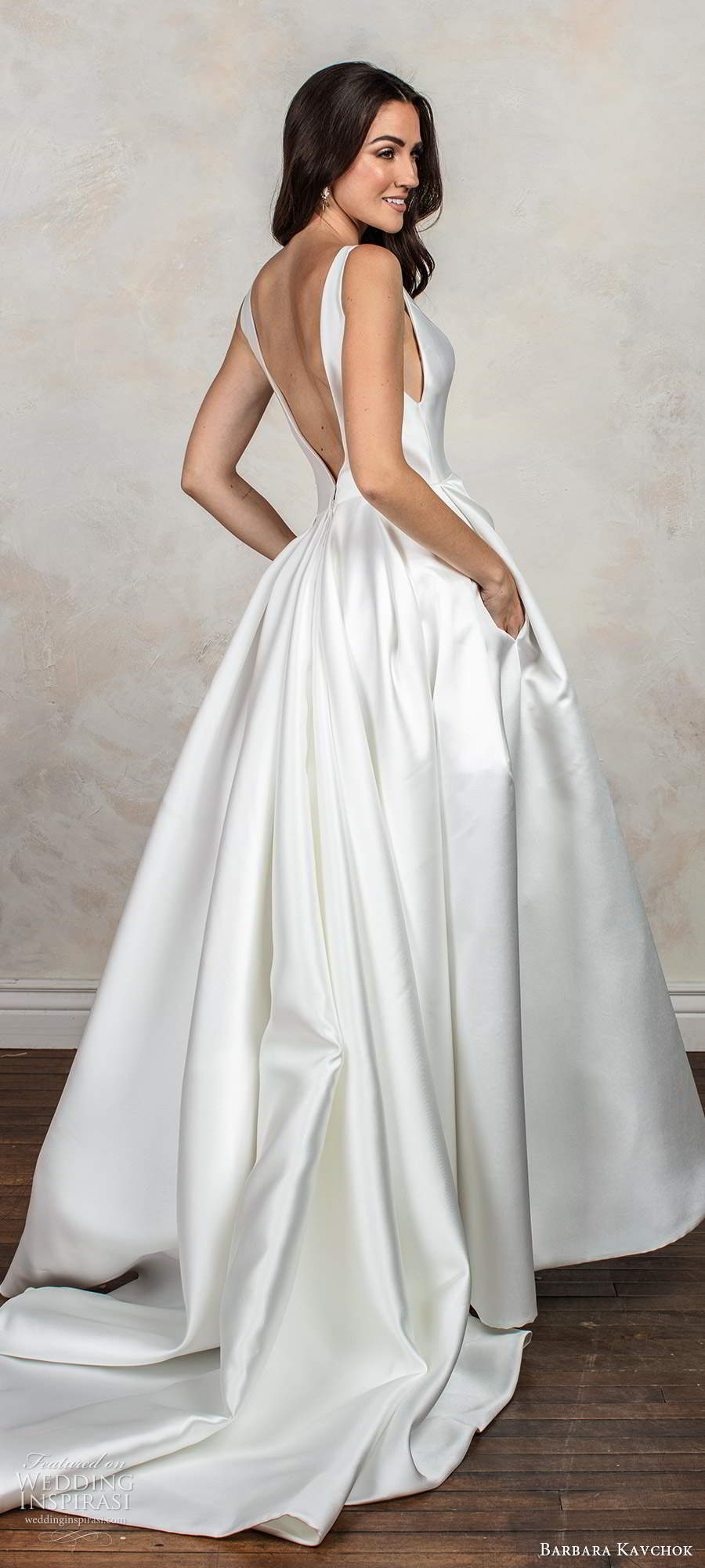 barbara kavchok fall 2020 bridal sleeveless thick straps plunging v neckline clean minimally embellished a line ball gown wedding dress pockets chapel train (8) mv