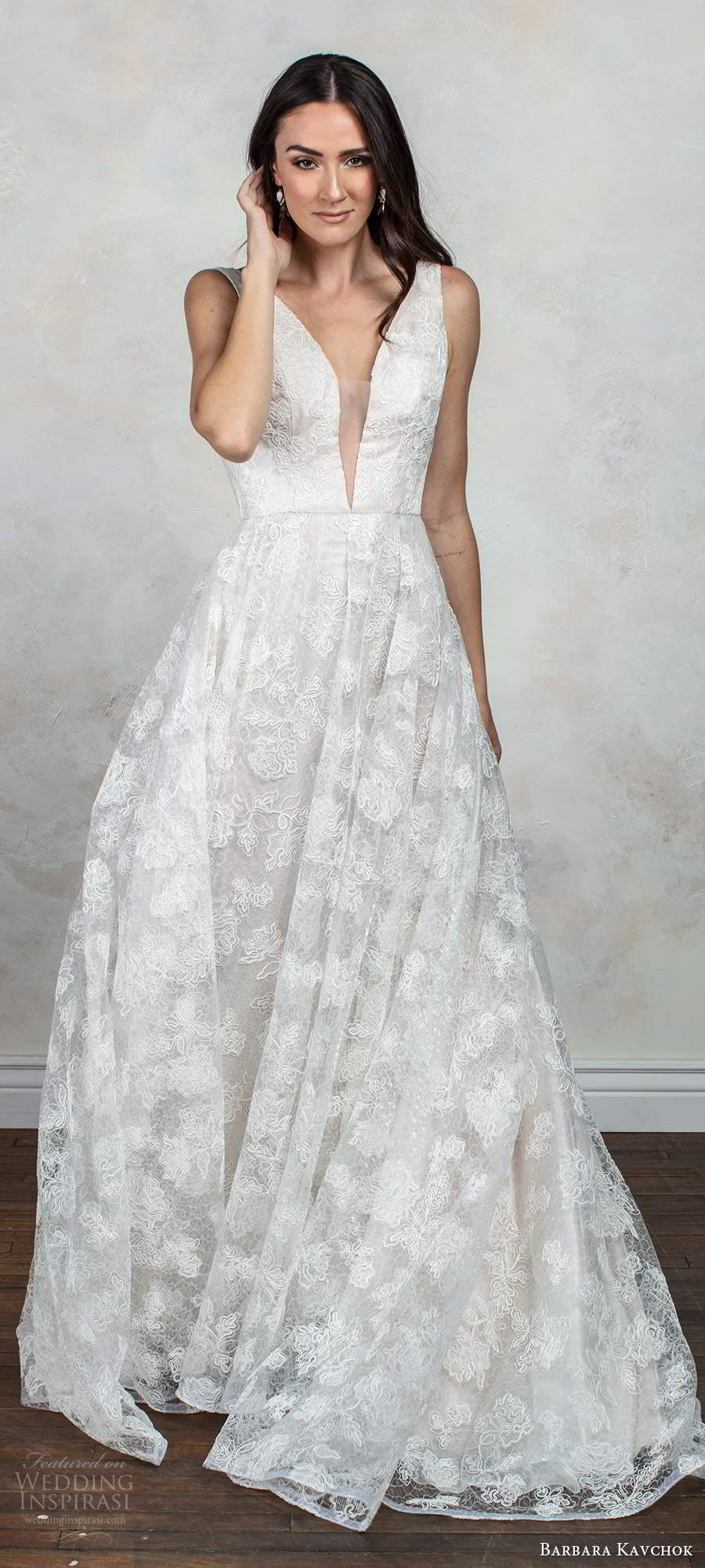 barbara kavchok fall 2020 bridal sleeveless thick straps plunging v neckline fully embellished lace a line ball gown wedding dress low back chapel train  (4) mv