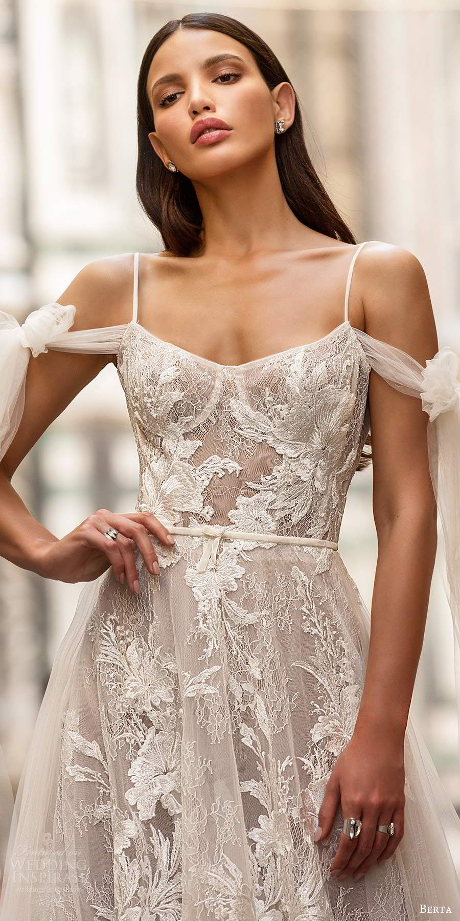 berta fall 2020 muse bridal cold shoulder thin straps semi sweetheart neckline fully embellished lace a line ball gown wedding dress scoop back chapel train (2) zv