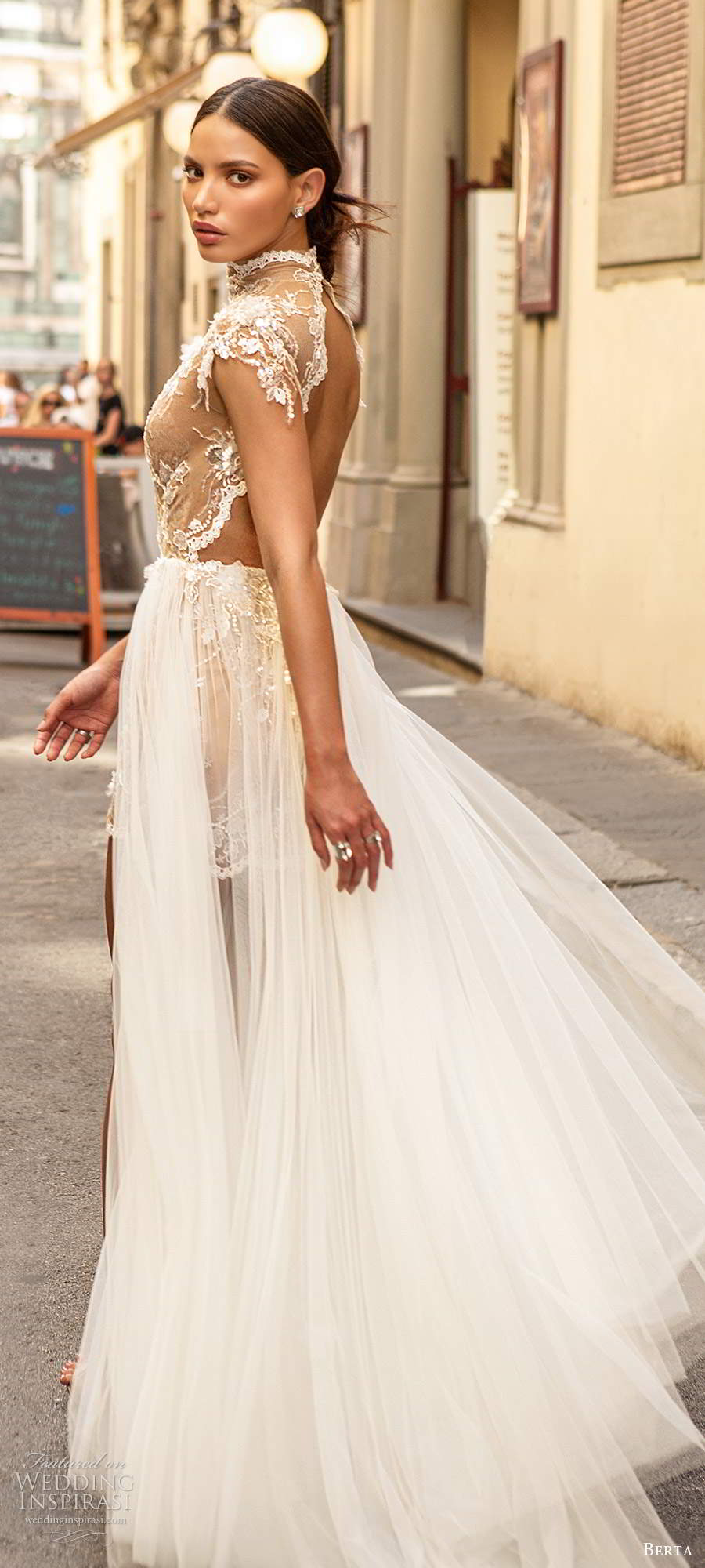 berta fall 2020 muse bridal illusion cap sleeves high neckline sheer bodice fully embellished short wedding dress sheer a line ball gown skirt keyhole back chapel train (3) bv