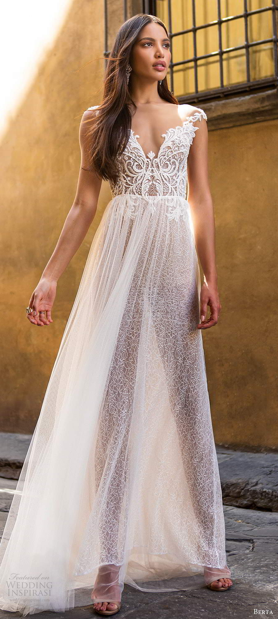 berta fall 2020 muse bridal illusion cap sleeves off shoulder sweetheart neckline fully embellished a line wedding dress sheer back chapel train (10) mv