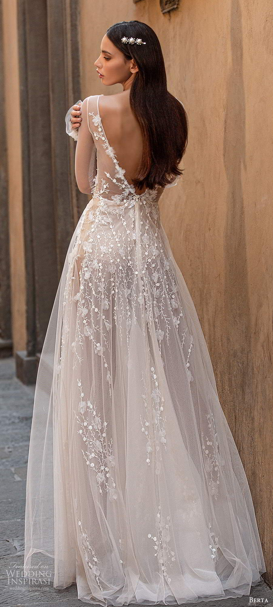 berta fall 2020 muse bridal illusion long sleeves plunging v neckline fully embellished a line ball gown wedding dress sheer skirt v back chapel train (6) bv