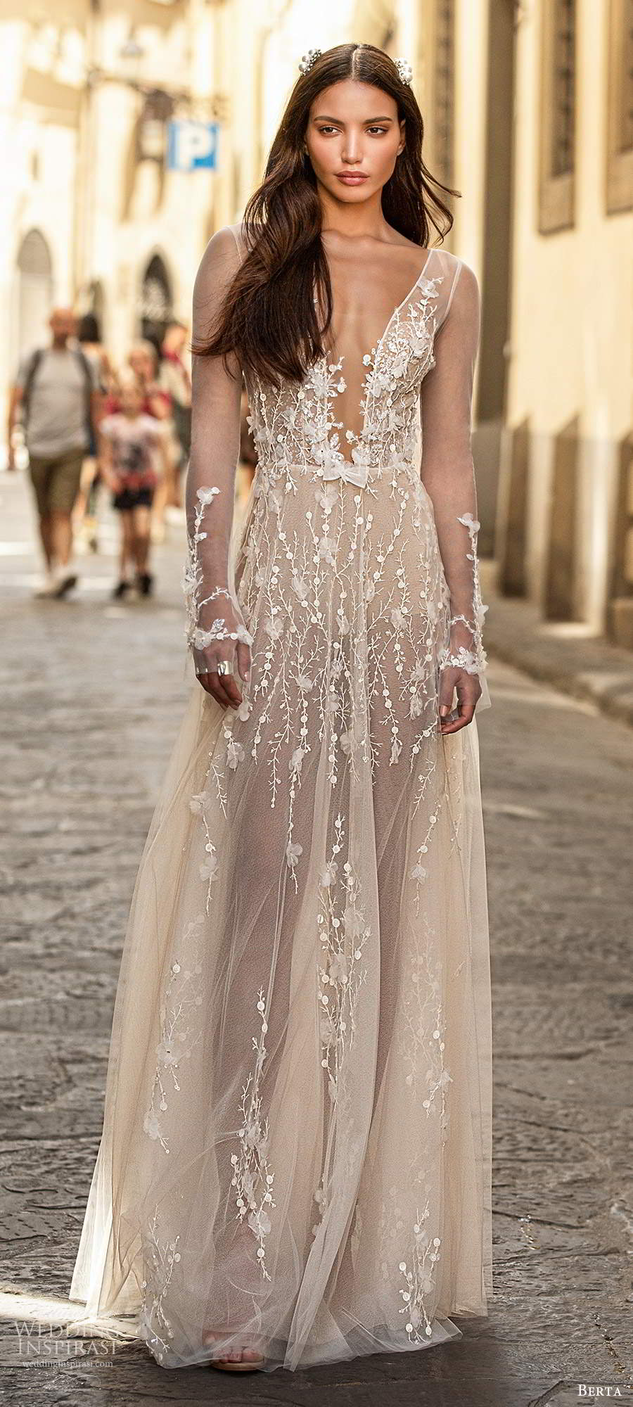 berta fall 2020 muse bridal illusion long sleeves plunging v neckline fully embellished a line ball gown wedding dress sheer skirt v back chapel train (6) mv