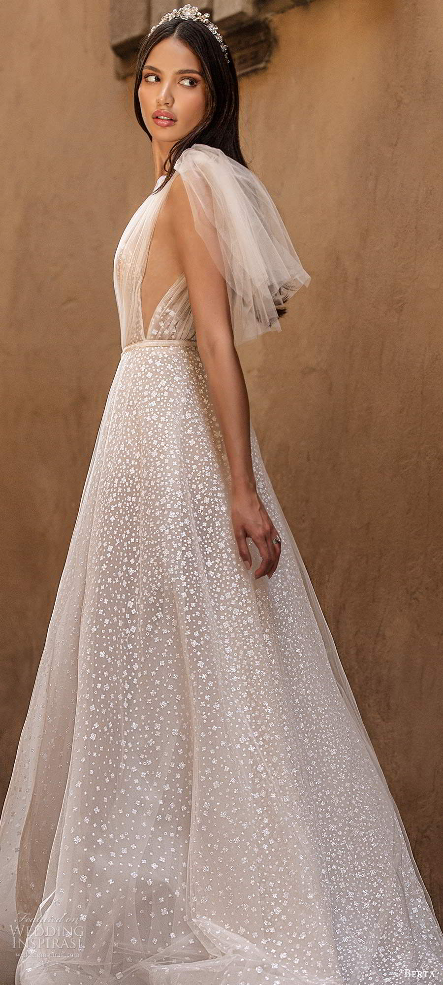 berta fall 2020 muse bridal sleeveless bow straps plunging v neckline ruched bodice fully embellished a line ball gown wedding dress chapel train (1) bv