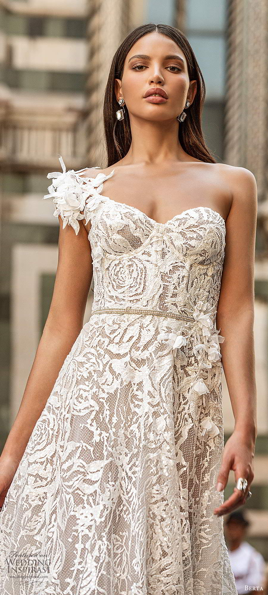 berta fall 2020 muse bridal sleeveless one shoulder strap sweetheart neckline fully embellished lace a line wedding dress chapel train (5) zv