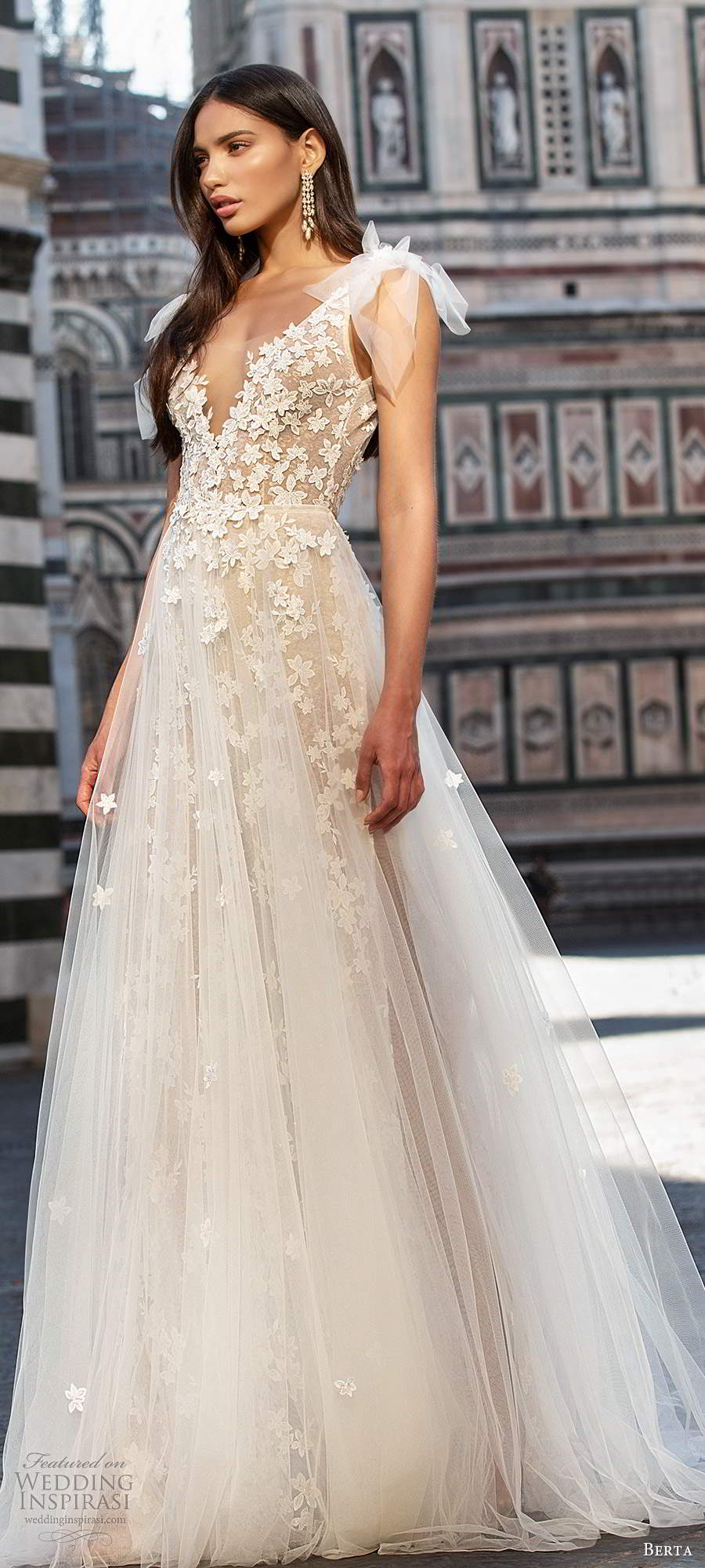 berta fall 2020 muse bridal sleeveless ribbon bow straps plunging v neckline fully embellished lace a line ball gown wedding dress chapel train (11) mv