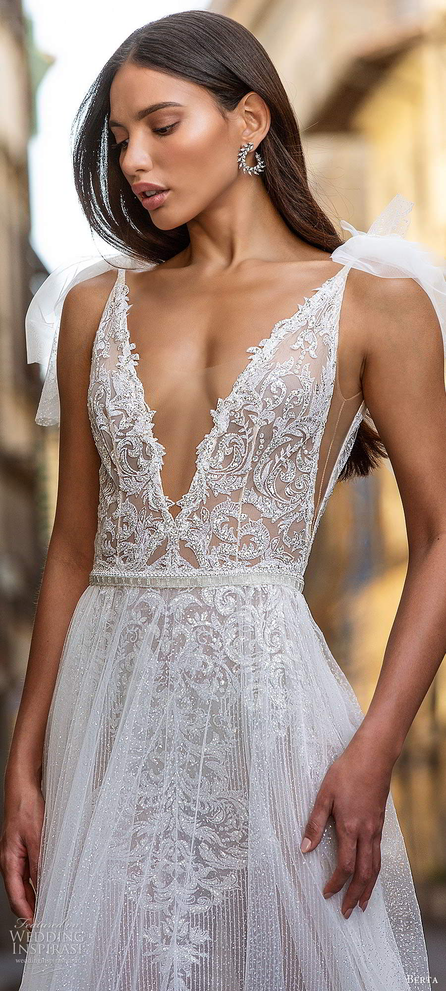 berta fall 2020 muse bridal sleeveless ribbon bow straps plunging v neckling fully embellished lace a line ball gown wedding dress chapel train (8) zv