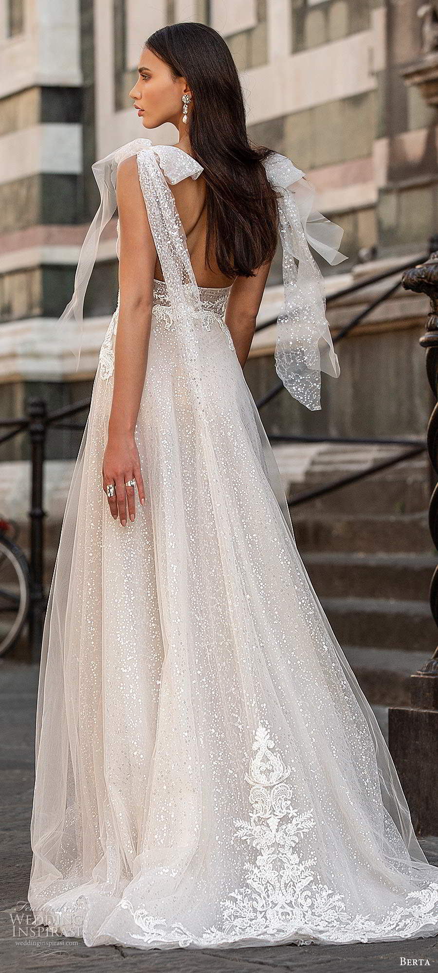 berta fall 2020 muse bridal sleeveless thin straps bow plunging v neckline embellished bodice a line ball gown glitzy wedding dress low back chapel train (4) bv