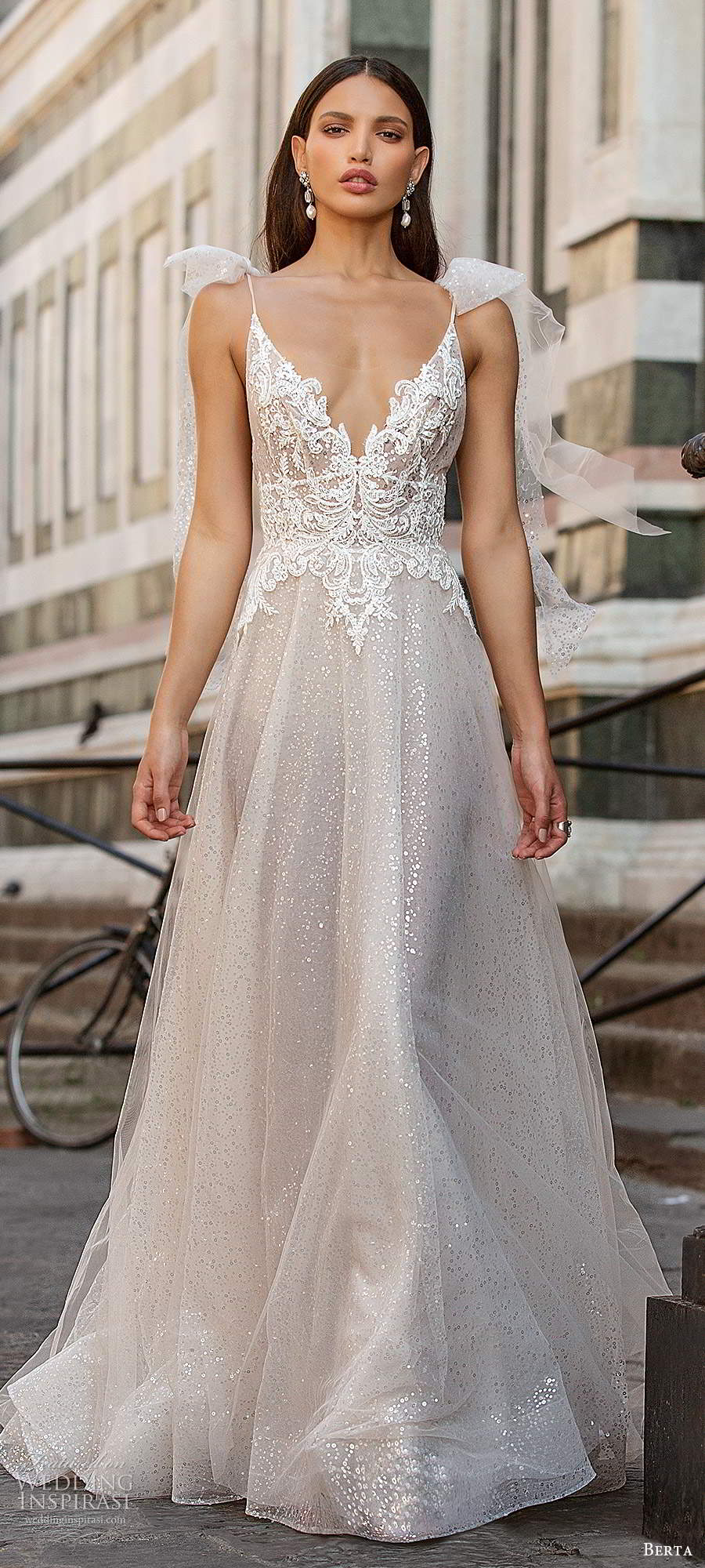 berta fall 2020 muse bridal sleeveless thin straps bow plunging v neckline embellished bodice a line ball gown glitzy wedding dress low back chapel train (4) mv