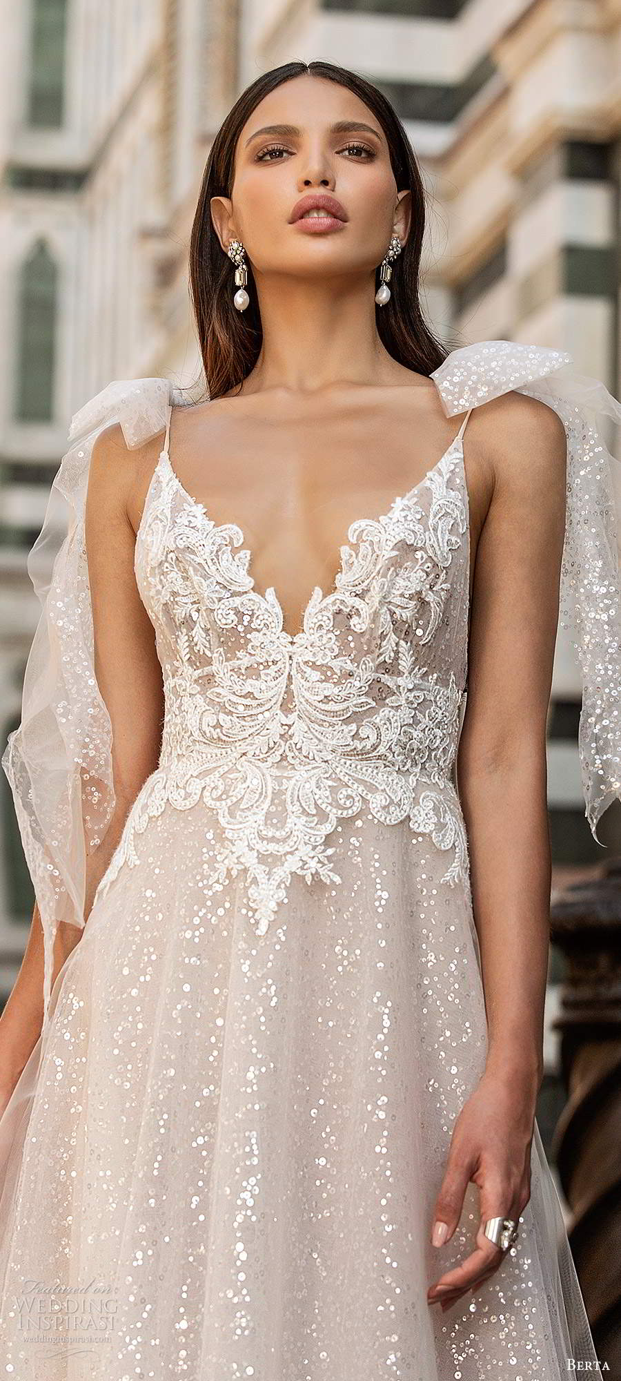 berta fall 2020 muse bridal sleeveless thin straps bow plunging v neckline embellished bodice a line ball gown glitzy wedding dress low back chapel train (4) zv