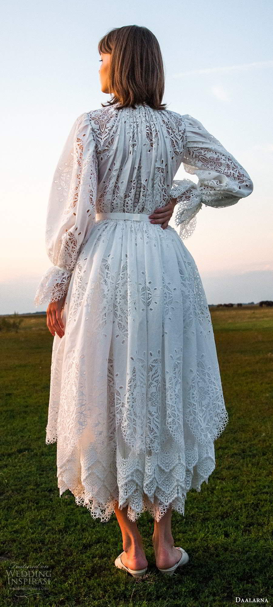 daalarna fall 2020 bridal billowy long bell sleeves high neckline fully embellished lace tea length a line wedding dress (2) bv