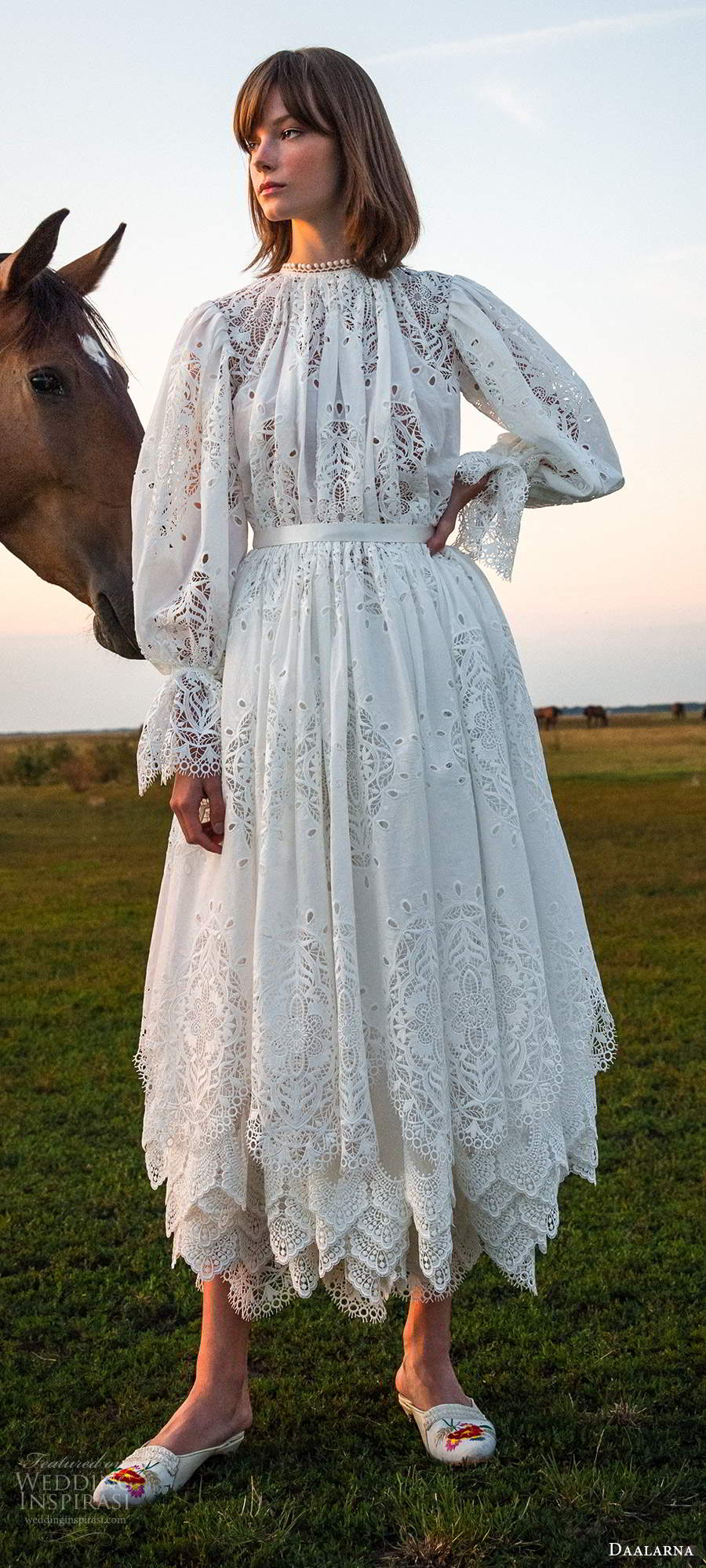 daalarna fall 2020 bridal billowy long bell sleeves high neckline fully embellished lace tea length a line wedding dress (2) mv