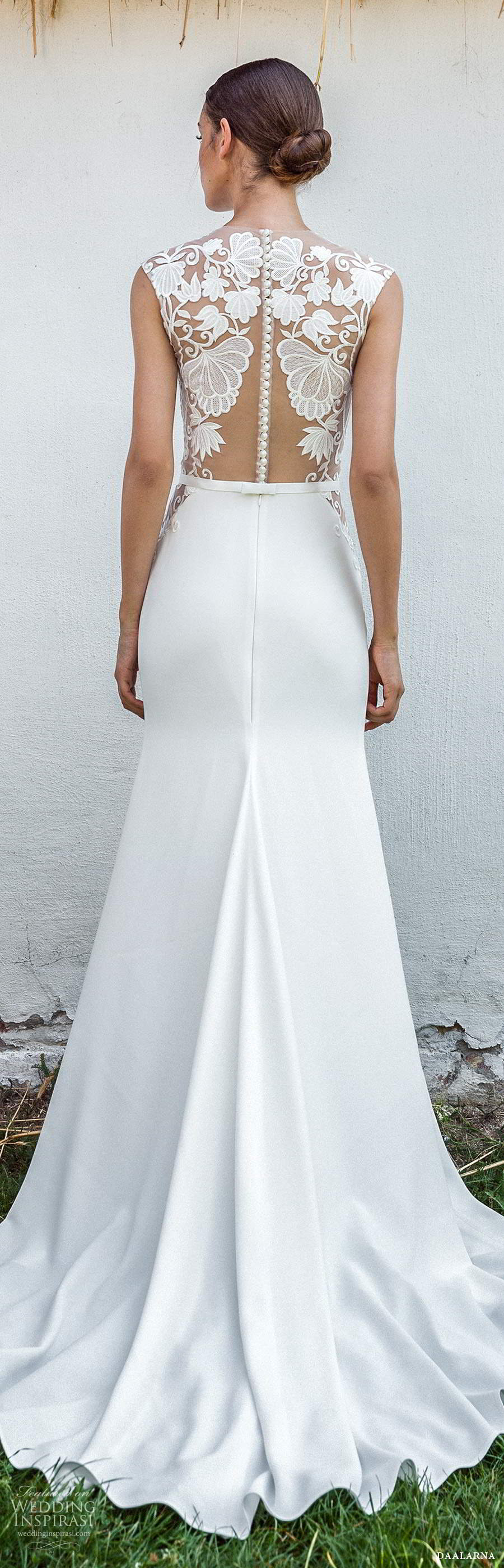 daalarna fall 2020 bridal cap sleeves high neckline embellished bodice clean skirt sheath wedding dress chapel train (13) bv daalarna fall 2020 bridal cap sleeves high neckline embellished bodice clean skirt sheath wedding dress chapel train (13) bv