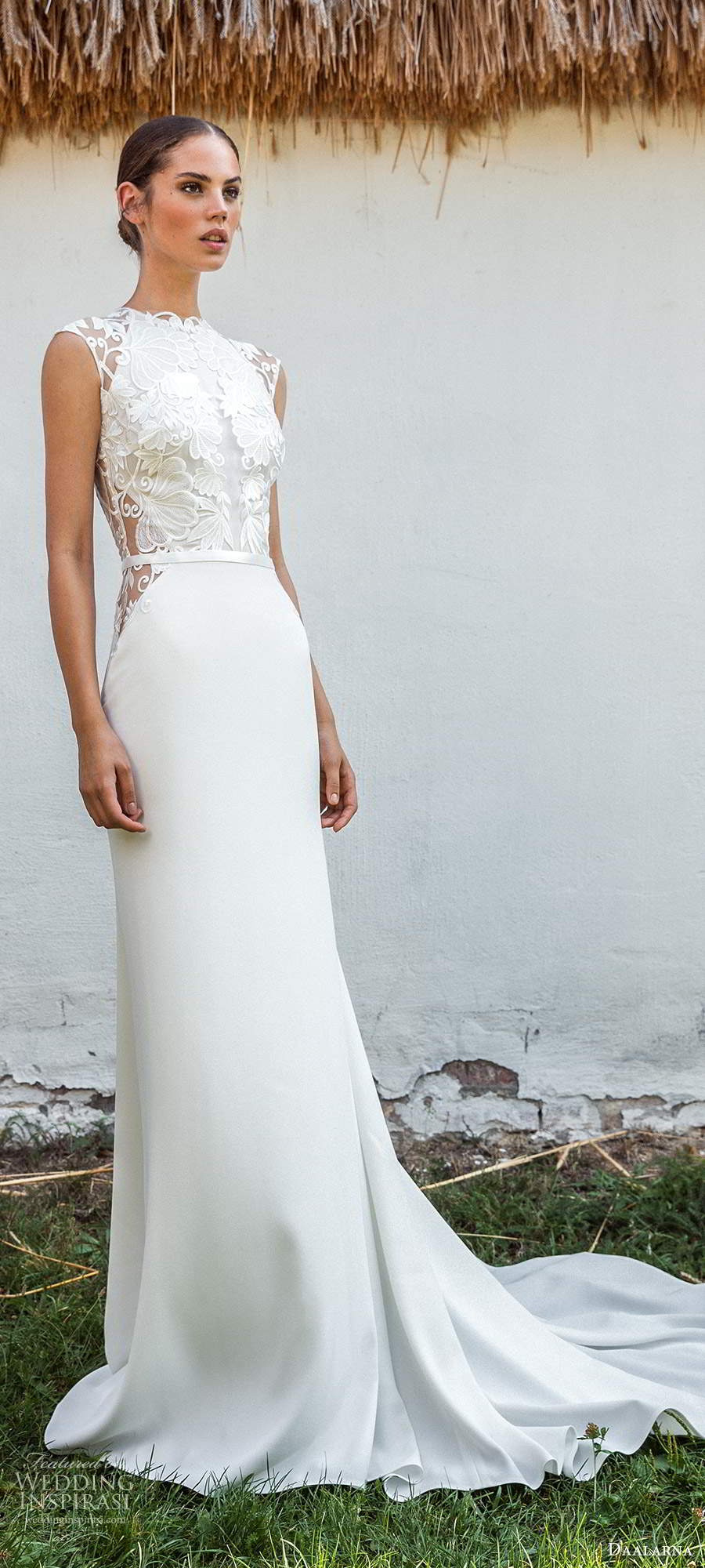 daalarna fall 2020 bridal cap sleeves high neckline embellished bodice clean skirt sheath wedding dress chapel train (13) mv daalarna fall 2020 bridal cap sleeves high neckline embellished bodice clean skirt sheath wedding dress chapel train (13) mv