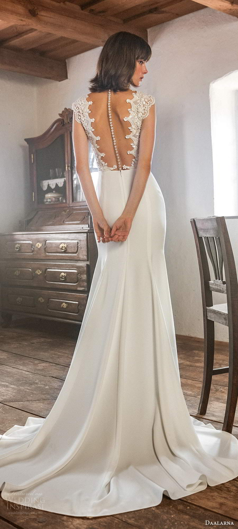 daalarna fall 2020 bridal cap sleeves plunging v neckline embellished bodice clean skirt sheath wedding dress sheer back chapel train (11) bv daalarna fall 2020 bridal cap sleeves plunging v neckline embellished bodice clean skirt sheath wedding dress sheer back chapel train (11) bv