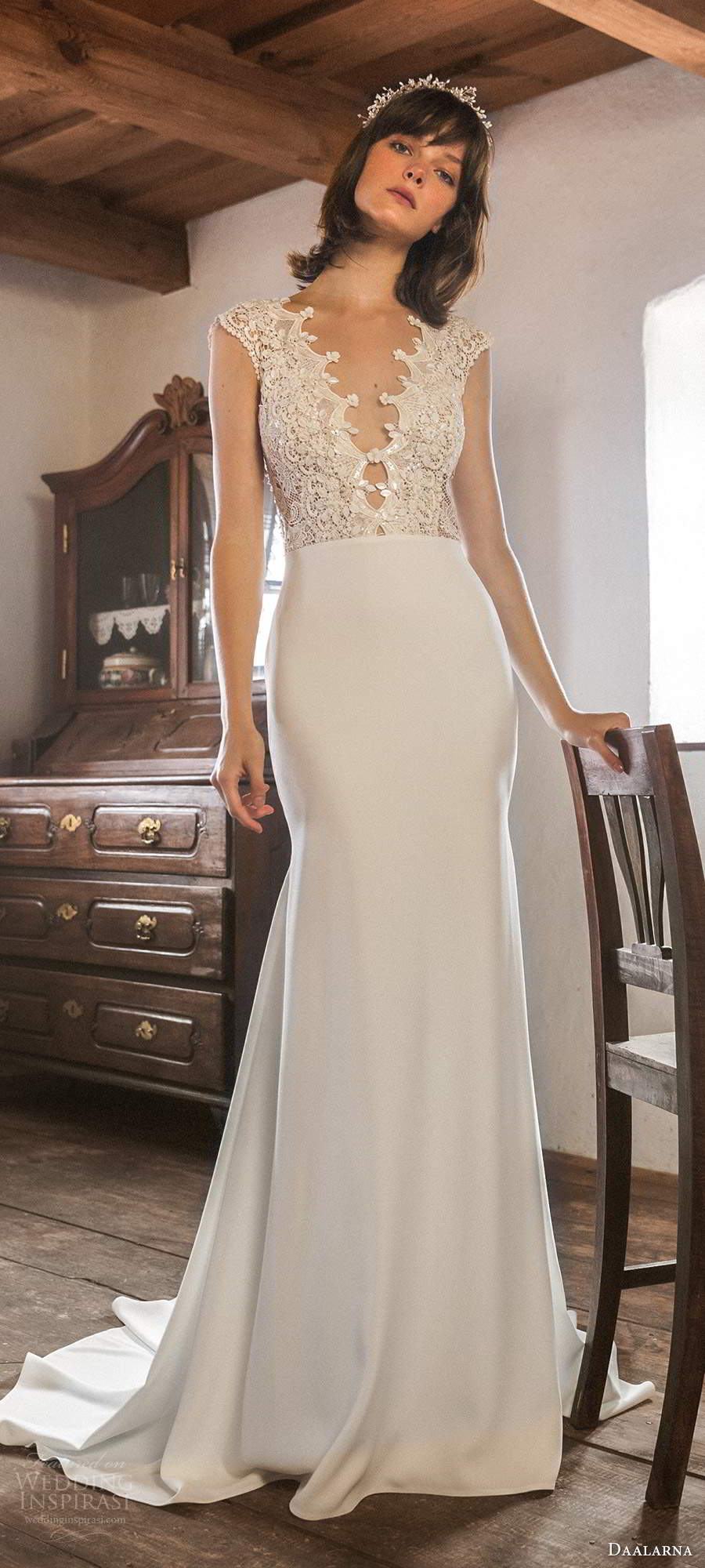 daalarna fall 2020 bridal cap sleeves plunging v neckline embellished bodice clean skirt sheath wedding dress sheer back chapel train (11) mv daalarna fall 2020 bridal cap sleeves plunging v neckline embellished bodice clean skirt sheath wedding dress sheer back chapel train (11) mv