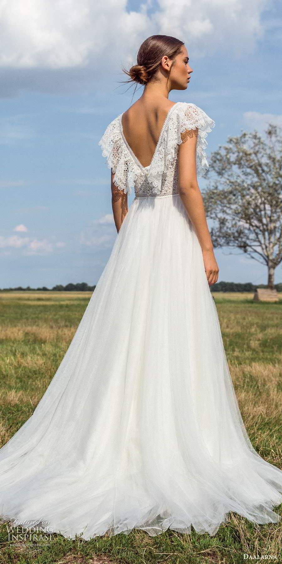 daalarna fall 2020 bridal flutter sleeves plunging v neckline embellished lace bodice a line ball gown wedding dress chapel train (6) bv