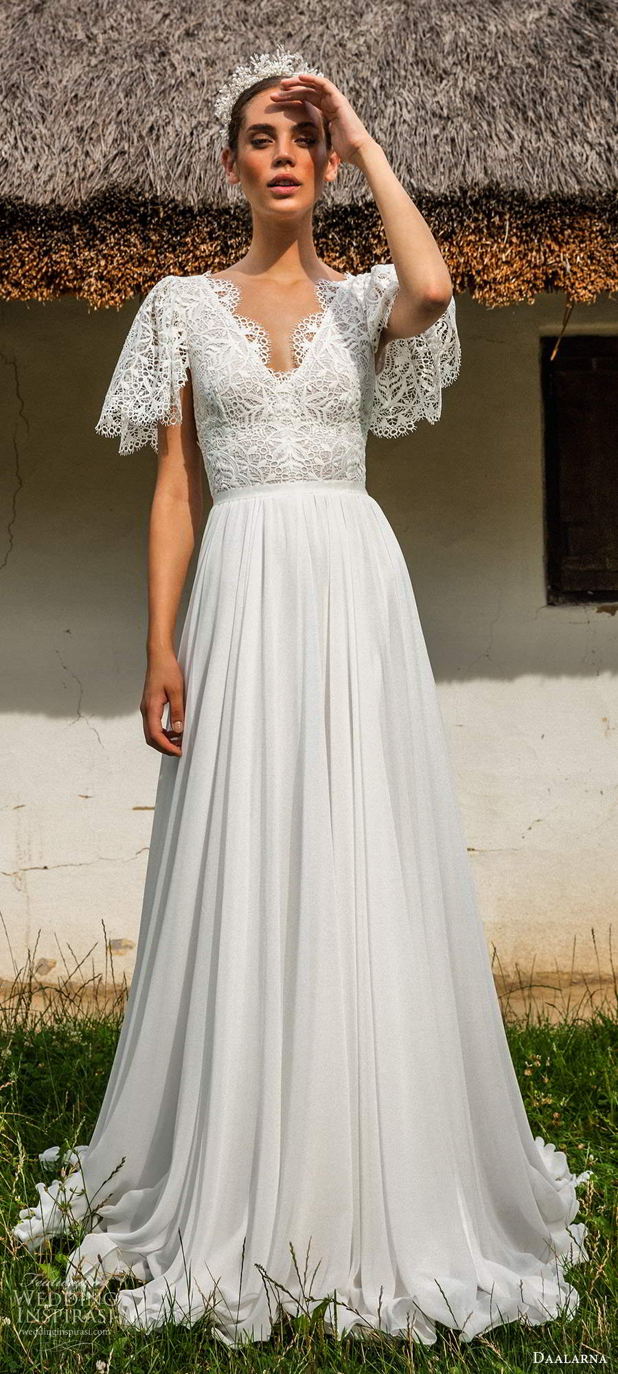 daalarna fall 2020 bridal flutter sleeves v neckline embellished lace bodice a line ball gown wedding dress chapel train (15) mv
