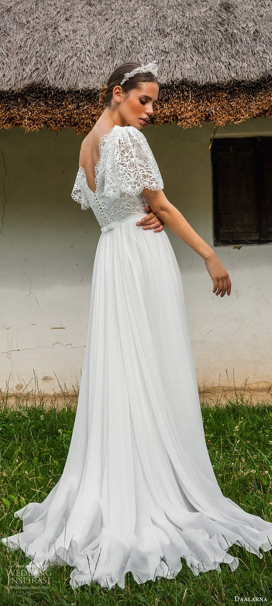daalarna fall 2020 bridal flutter sleeves v neckline embellished lace bodice a line ball gown wedding dress chapel train (15) sv