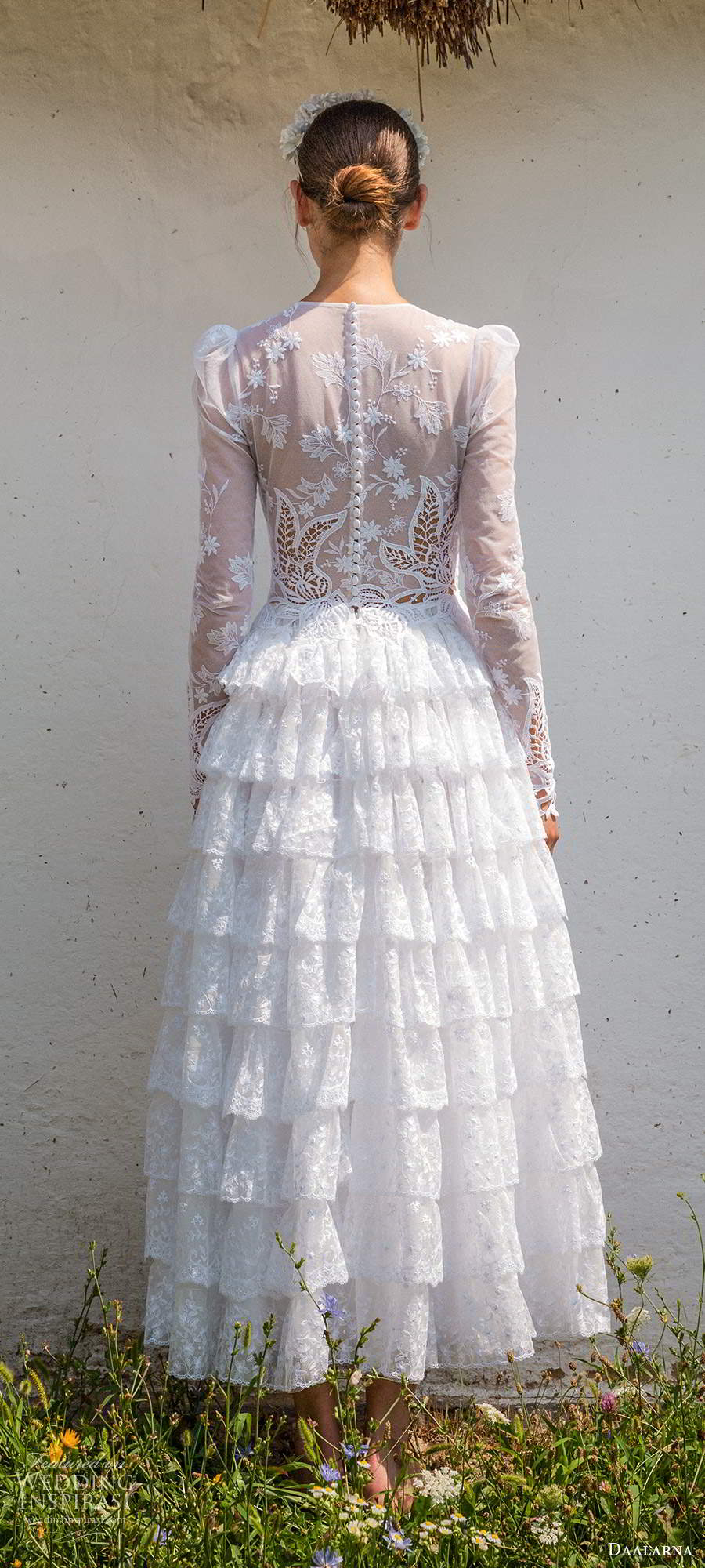daalarna fall 2020 bridal illusion long puff sleeves jewel neckline fully embellished lace a line column tea length wedding dress tiered skirt (7) bv