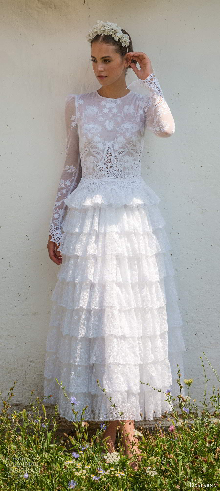 daalarna fall 2020 bridal illusion long puff sleeves jewel neckline fully embellished lace a line column tea length wedding dress tiered skirt (7) mv
