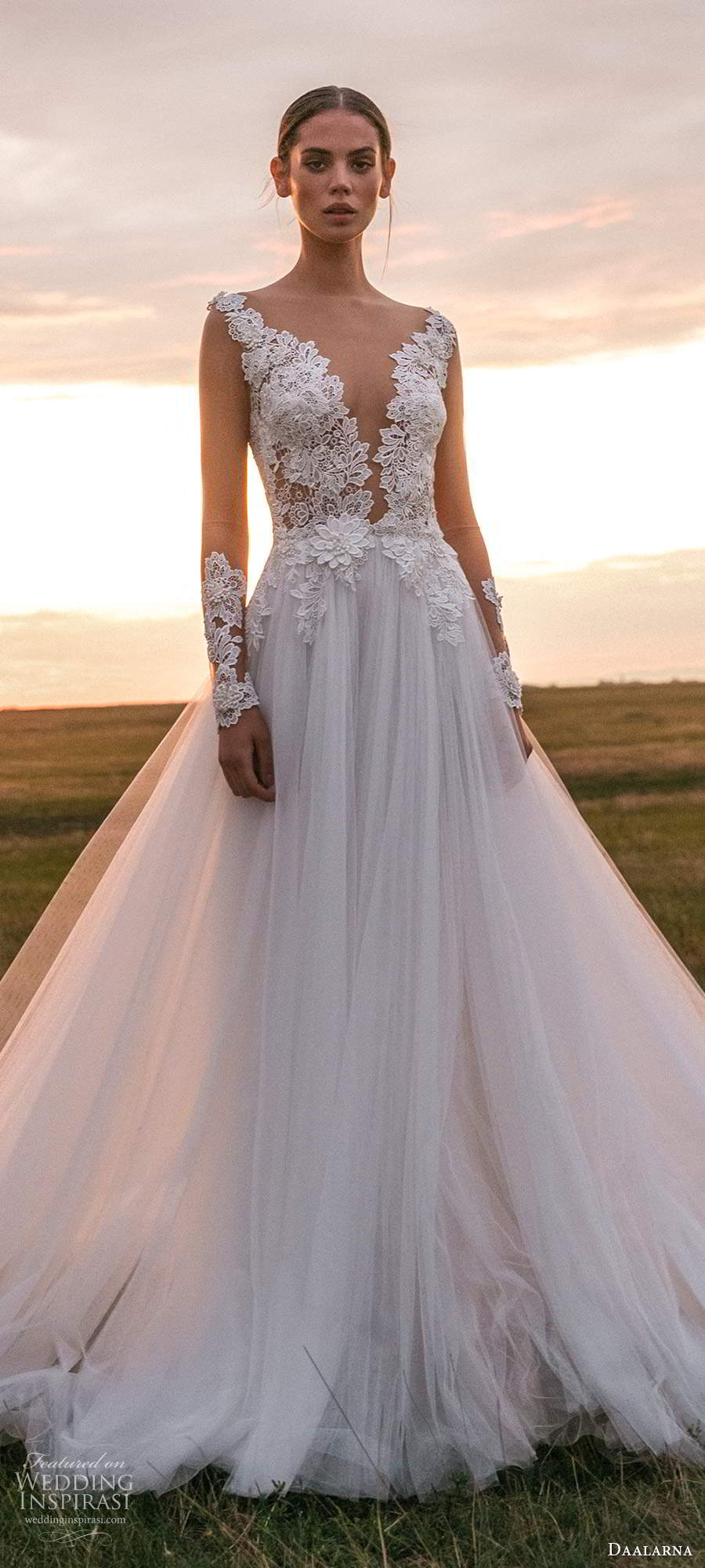 daalarna fall 2020 bridal illusion long sleeves plunging v neckline embellished lace bodice a line ball gown wedding dress sheer back chapel train (14) mv daalarna fall 2020 bridal illusion long sleeves plunging v neckline embellished lace bodice a line ball gown wedding dress sheer back chapel train (14) mv