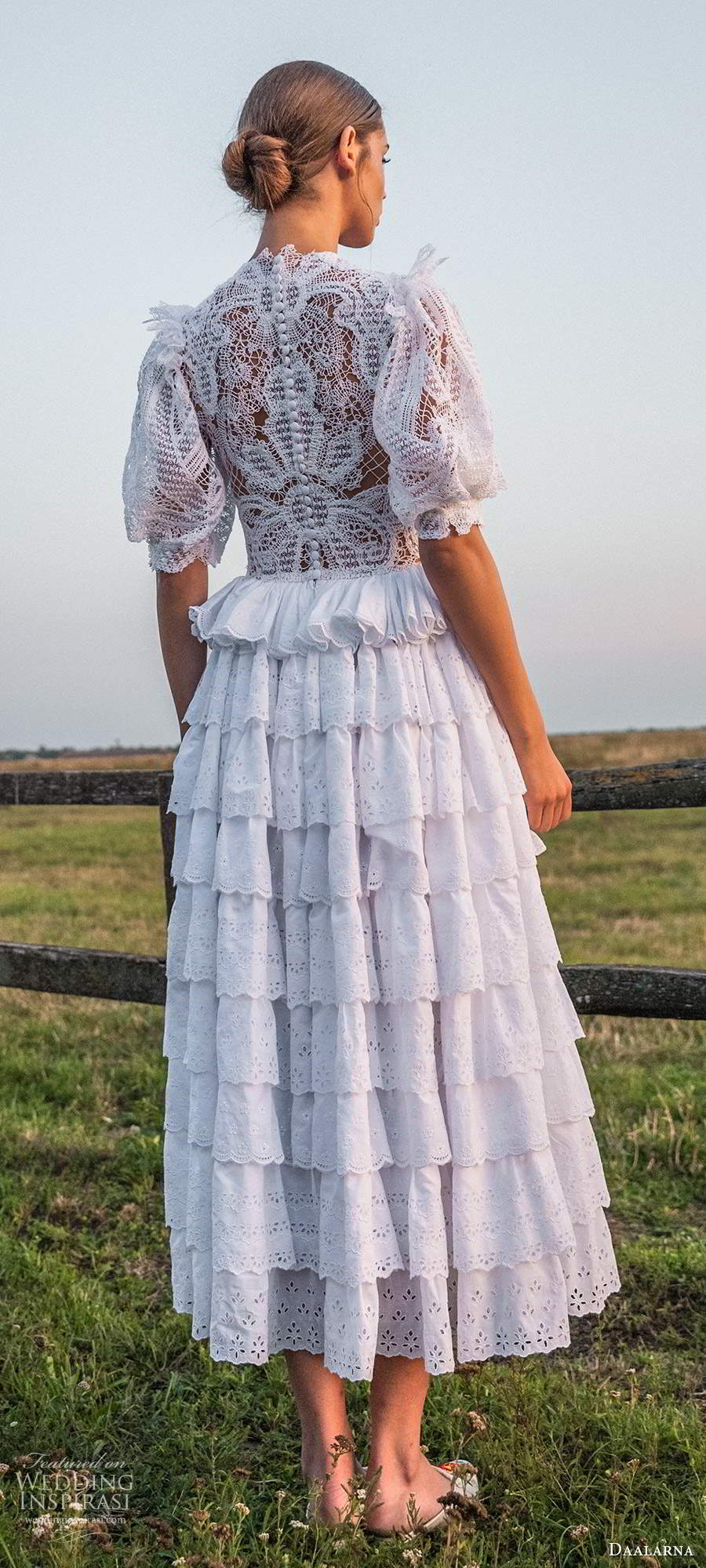 daalarna fall 2020 bridal sheer half puff sleeves plunging v neckline fully embellished lace bodice tiered skirt tea length a line short wedding dress (9) bv daalarna fall 2020 bridal sheer half puff sleeves plunging v neckline fully embellished lace bodice tiered skirt tea length a line short wedding dress (9) bv