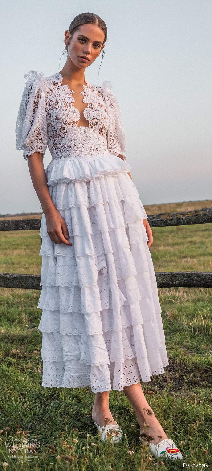 daalarna fall 2020 bridal sheer half puff sleeves plunging v neckline fully embellished lace bodice tiered skirt tea length a line short wedding dress (9) mv daalarna fall 2020 bridal sheer half puff sleeves plunging v neckline fully embellished lace bodice tiered skirt tea length a line short wedding dress (9) mv