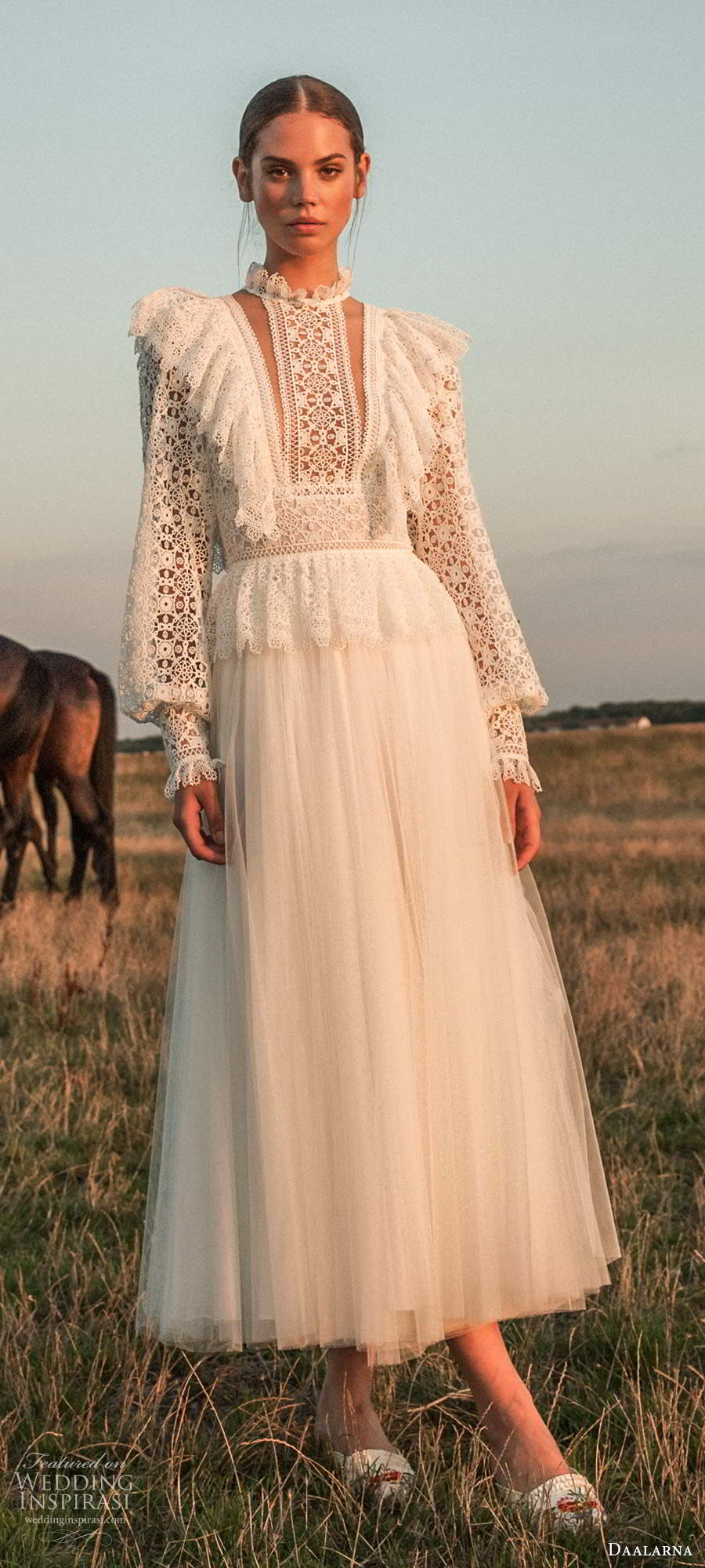 daalarna fall 2020 bridal sheer long poet sleeves high neckline embellished peplum bodice a line tea length short wedding dress (21) mv