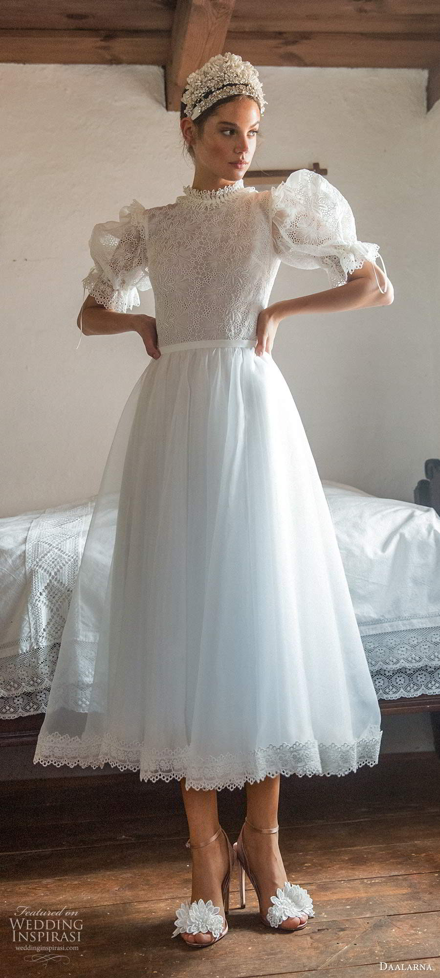 daalarna fall 2020 bridal short puff cleeves high ruffle neckline embellished lace bodice a line ball gown boho tea length short wedding dress chapel train (18) mv