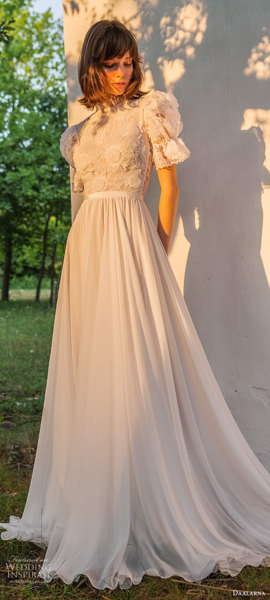 daalarna fall 2020 bridal short puff cleeves high ruffle neckline embellished lace bodice a line ball gown boho wedding dress chapel train (17) mv daalarna fall 2020 bridal short puff cleeves high ruffle neckline embellished lace bodice a line ball gown boho wedding dress chapel train (17) mv