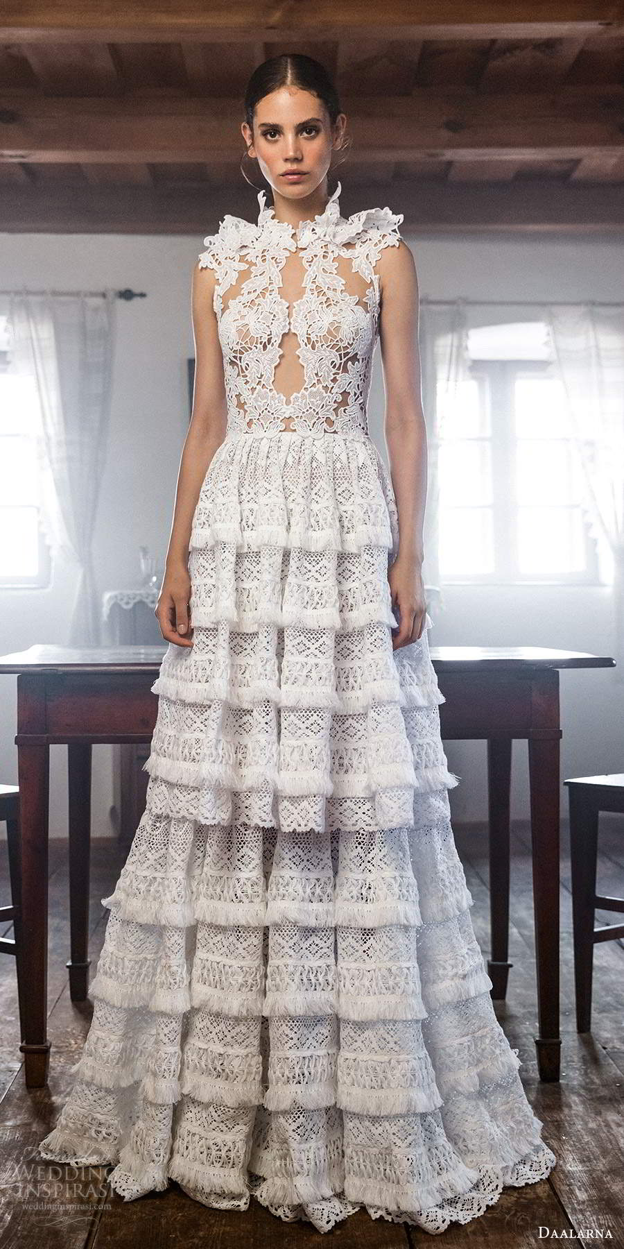 daalarna fall 2020 bridal sleeveless high neck sheer bodice fully embellished lace short a line wedding dress tiered detachable skirt sweep train (1) mv