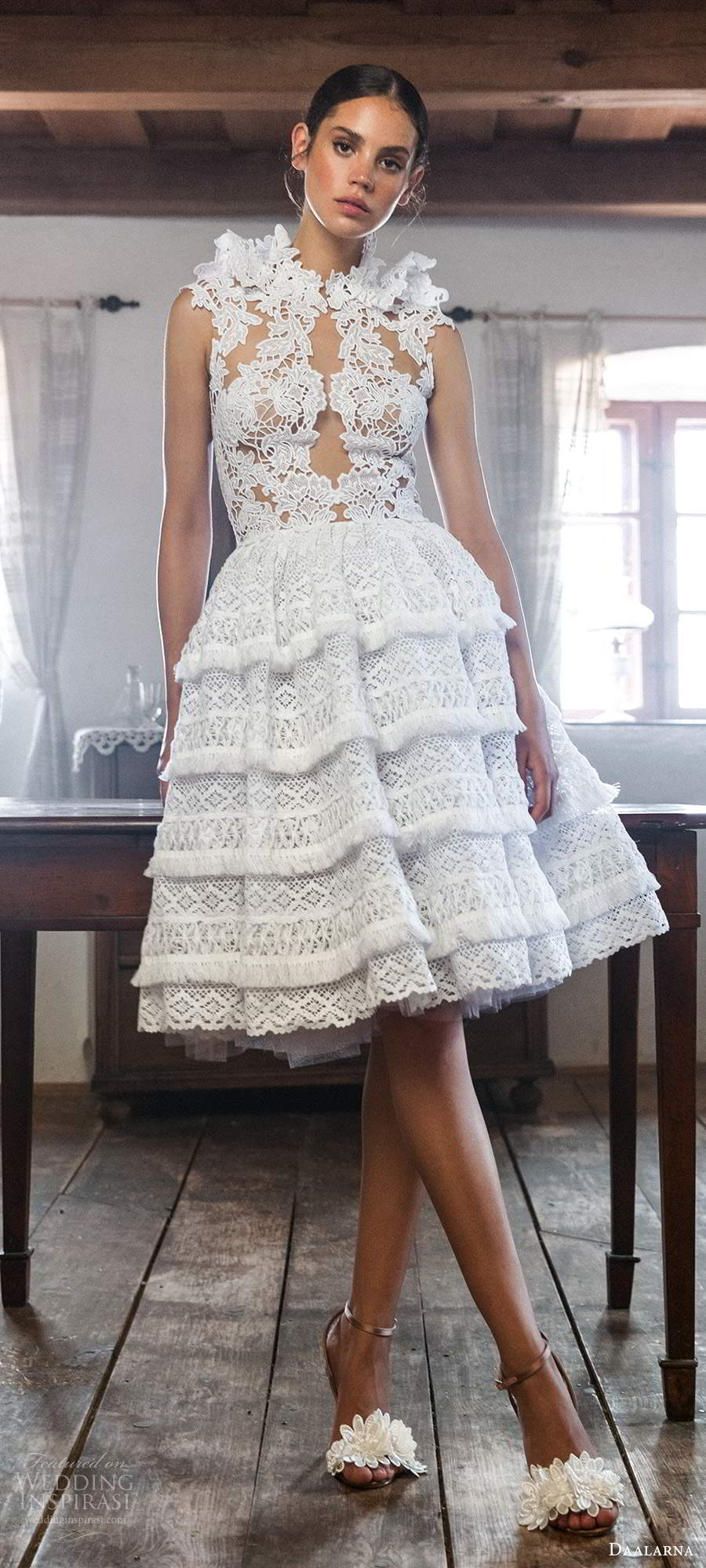 daalarna fall 2020 bridal sleeveless high neck sheer bodice fully embellished lace short a line wedding dress tiered skirt (1) mv