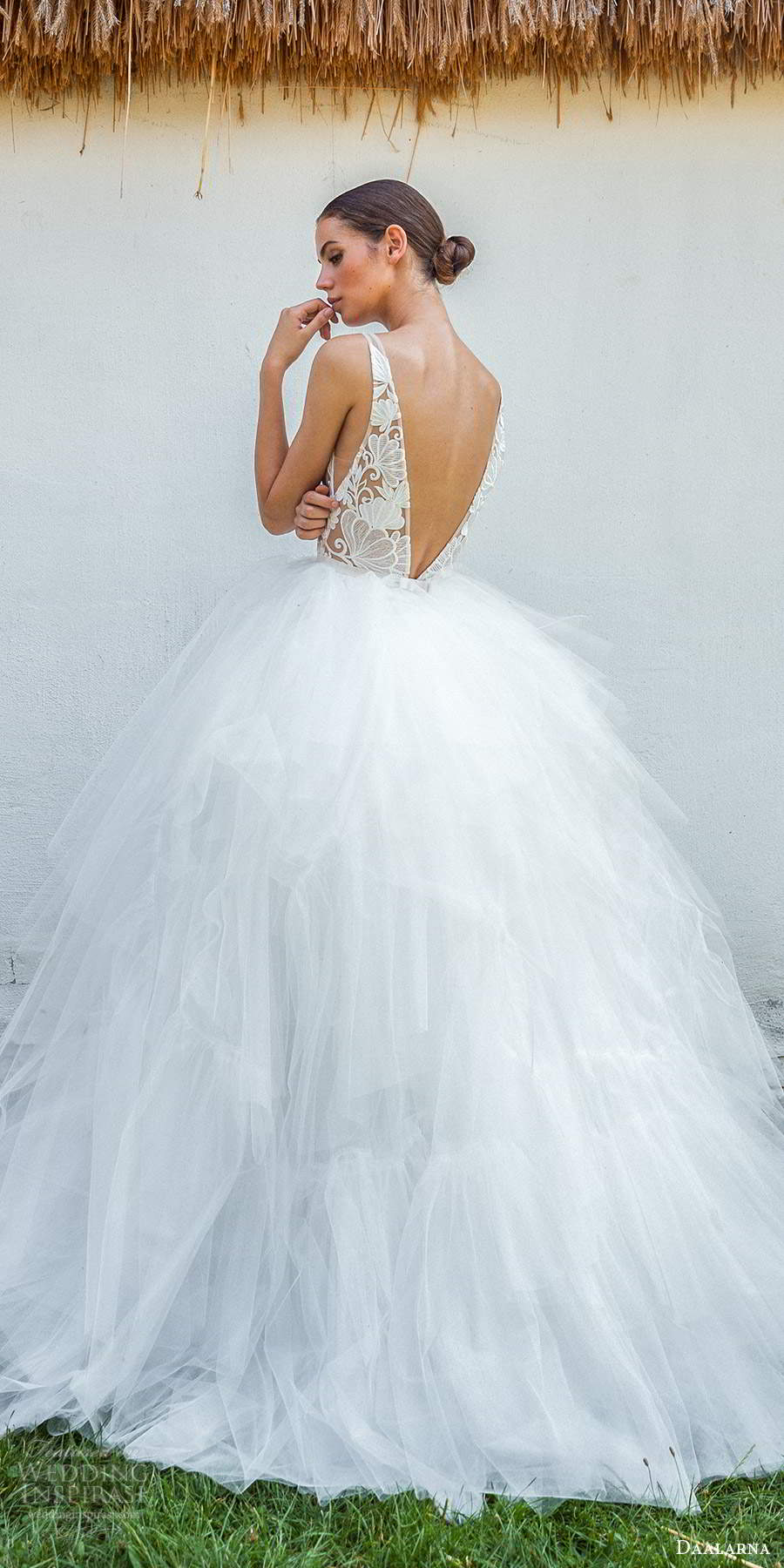 daalarna fall 2020 bridal sleeveless illusion straps v neckline sheer embellished bodice a line ball gown wedding dress tiered skirt sweep train (3) bv