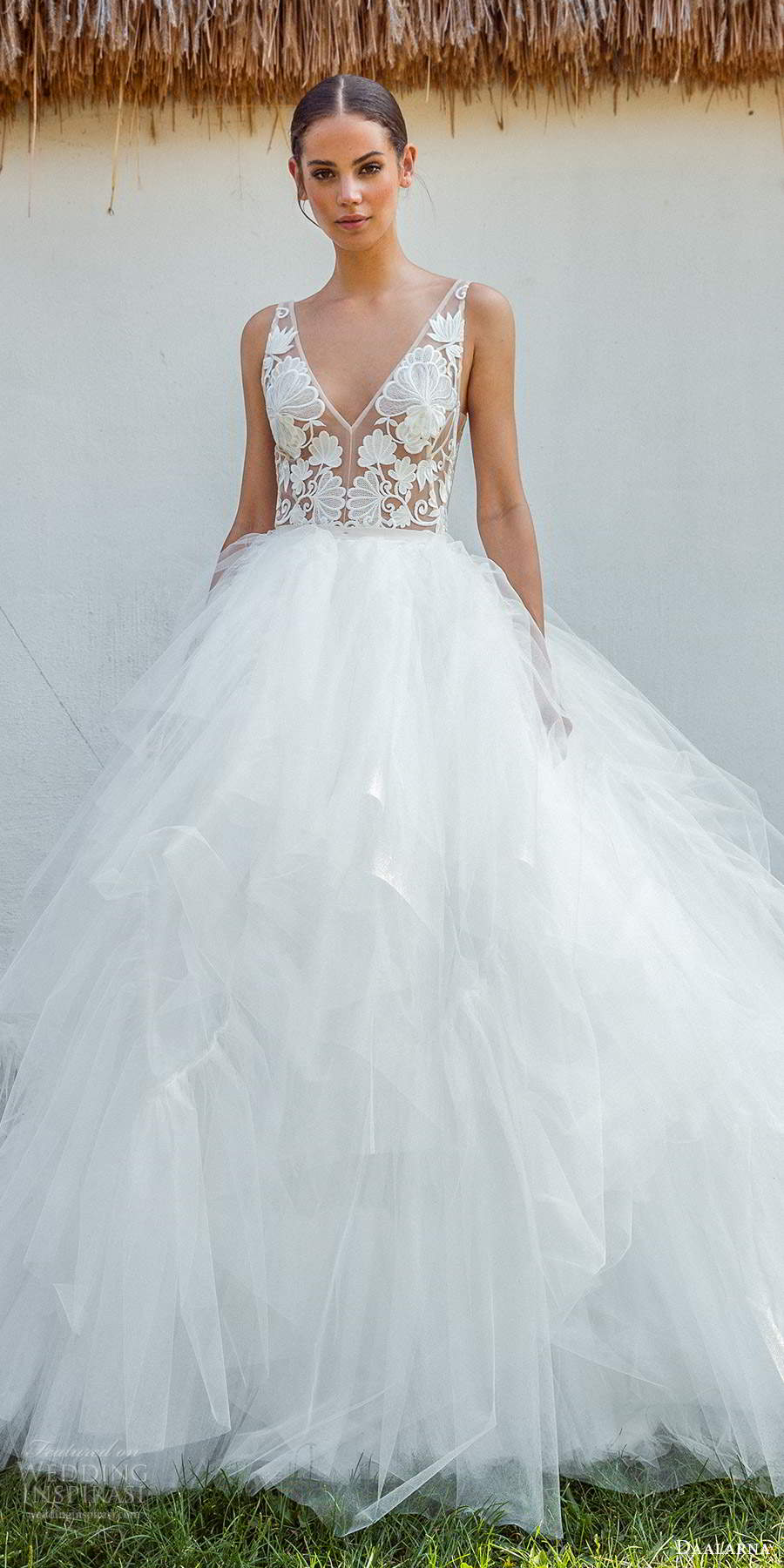 daalarna fall 2020 bridal sleeveless illusion straps v neckline sheer embellished bodice a line ball gown wedding dress tiered skirt sweep train (3) mv