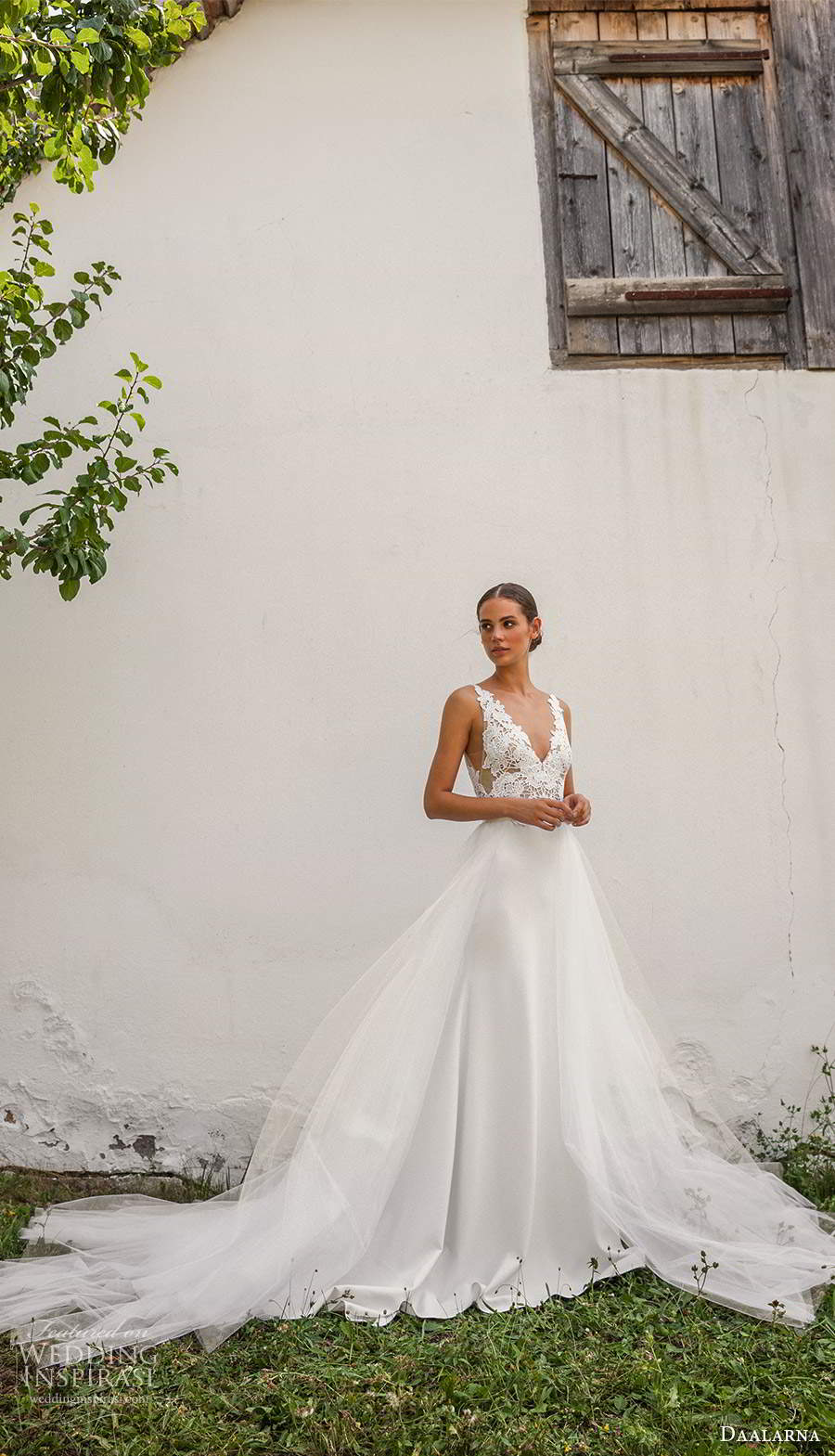 daalarna fall 2020 bridal sleeveless straps v neckline embellished lace bodice sheath wedding dress ball gown overskirt cathedral train (23) mv