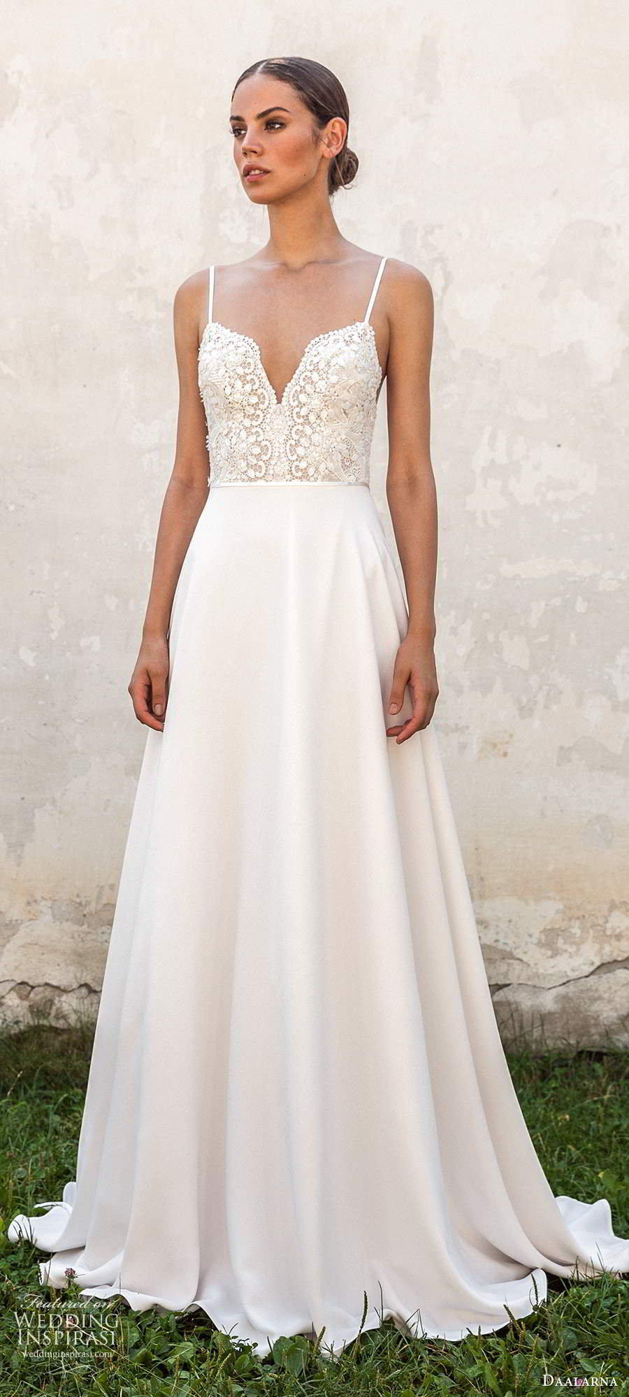 daalarna fall 2020 bridal sleeveless thin straps sweetheart neckline embellished bodice clean skirt a line wedding dress chapel train (12) mv