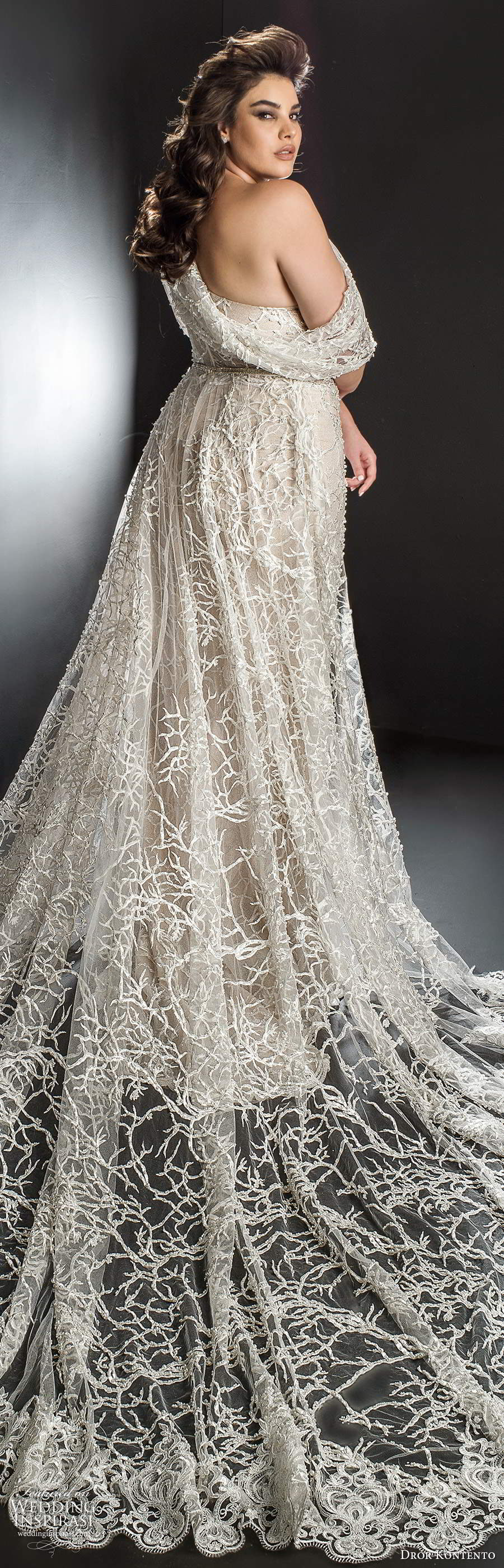dror kontento 2019 bridal colder shoulder draped strap asymmetric neckline fully embellished lace a line wedding dress chapel train (5) lbv