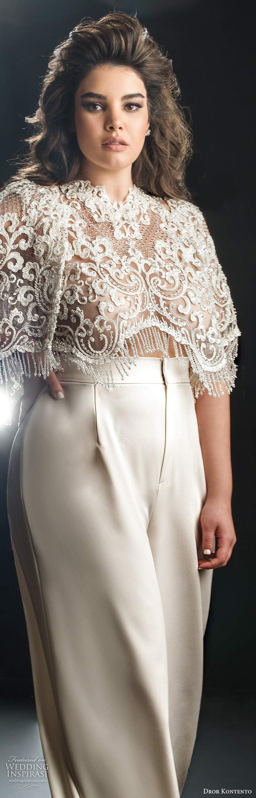 dror kontento 2019 bridal illusion flutter sleeves capelet heavily embellished bodice pants wedding dress (4) lv