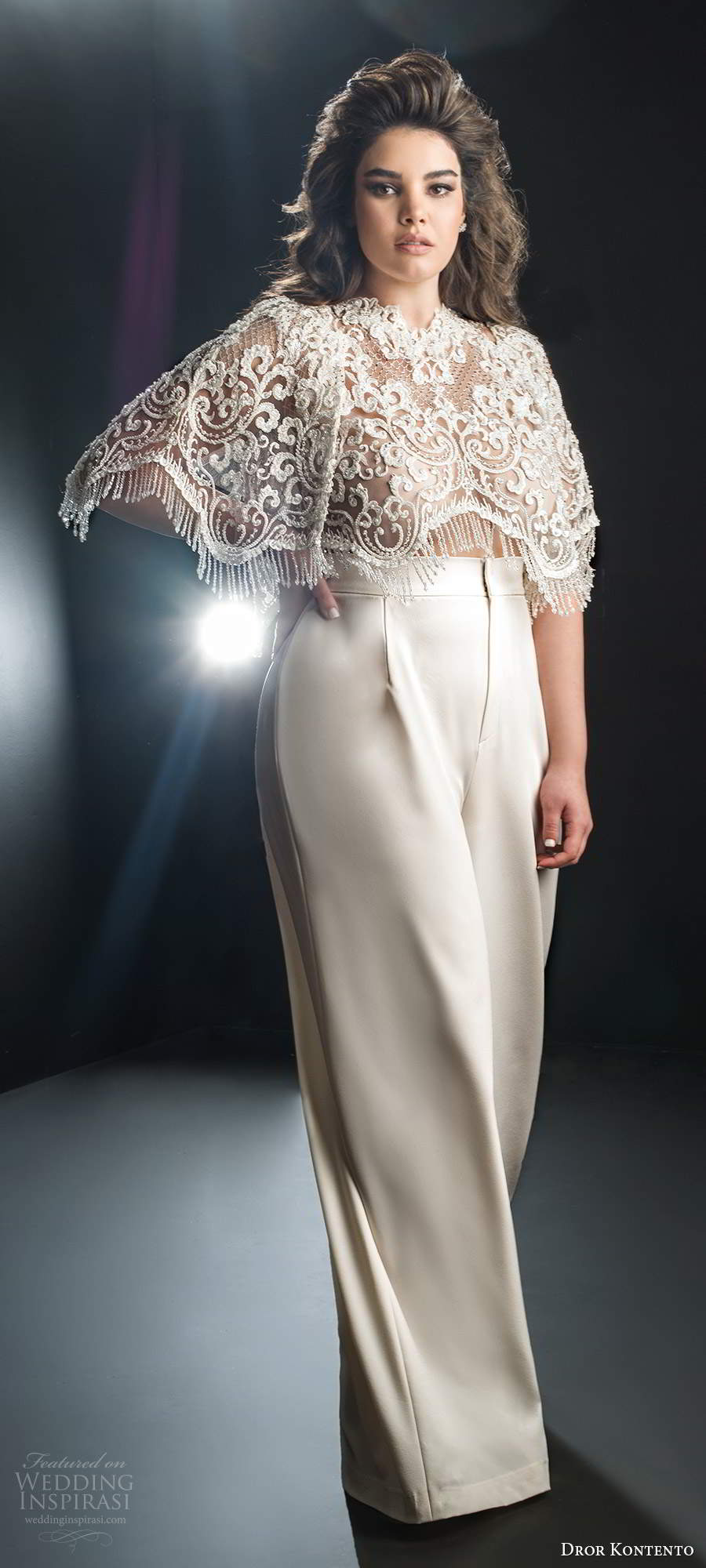 dror kontento 2019 bridal illusion flutter sleeves capelet heavily embellished bodice pants wedding dress (4) mv