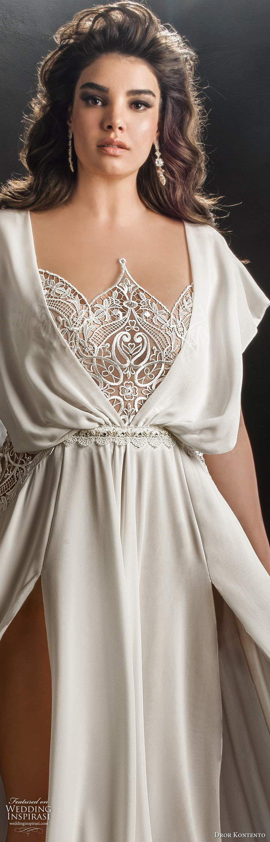 dror kontento 2019 bridal kaftan sleeve scalloped neckline lace bodice double slit skirt a line wedding dress sweep train (6) lv
