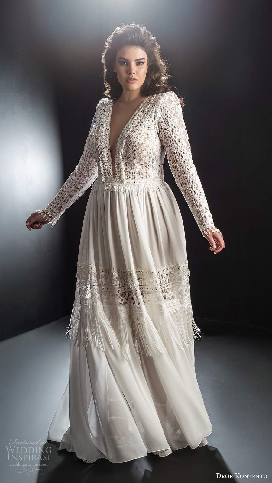 dror kontento 2019 bridal long sleeves plunging v neckline embellished bodice a line wedding dress (9) mv