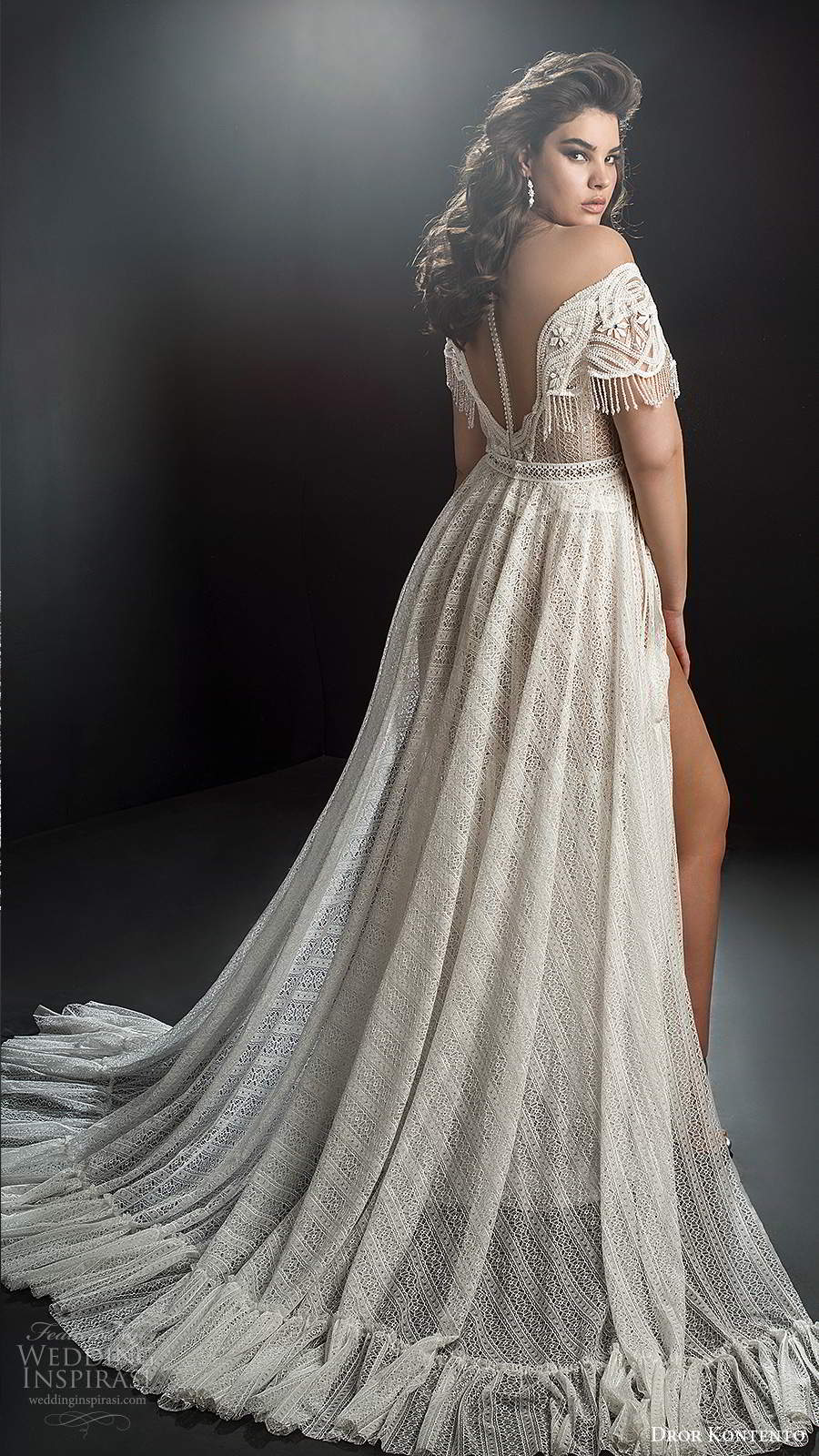 dror kontento 2019 bridal off shoulder sheer cap sleeves v neckline fully embellished a line ball gown wedding dress slit skirt chapel train (3) bv