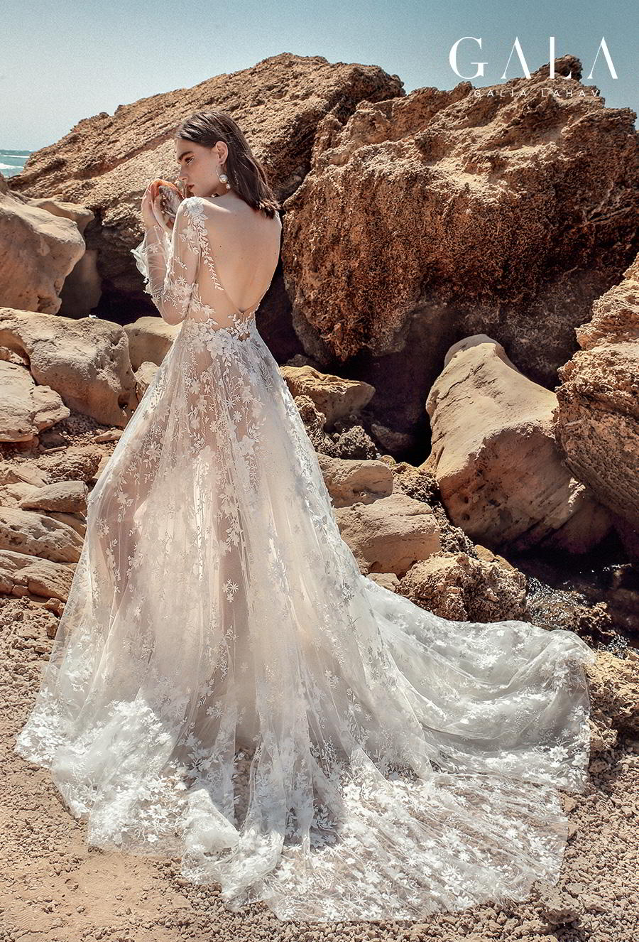 galia lahav fall 2020 gala no 9 bridal long sleeves deep v neck full embellishment romantic soft a  line wedding dress backless scoop back chapel train (408) bv