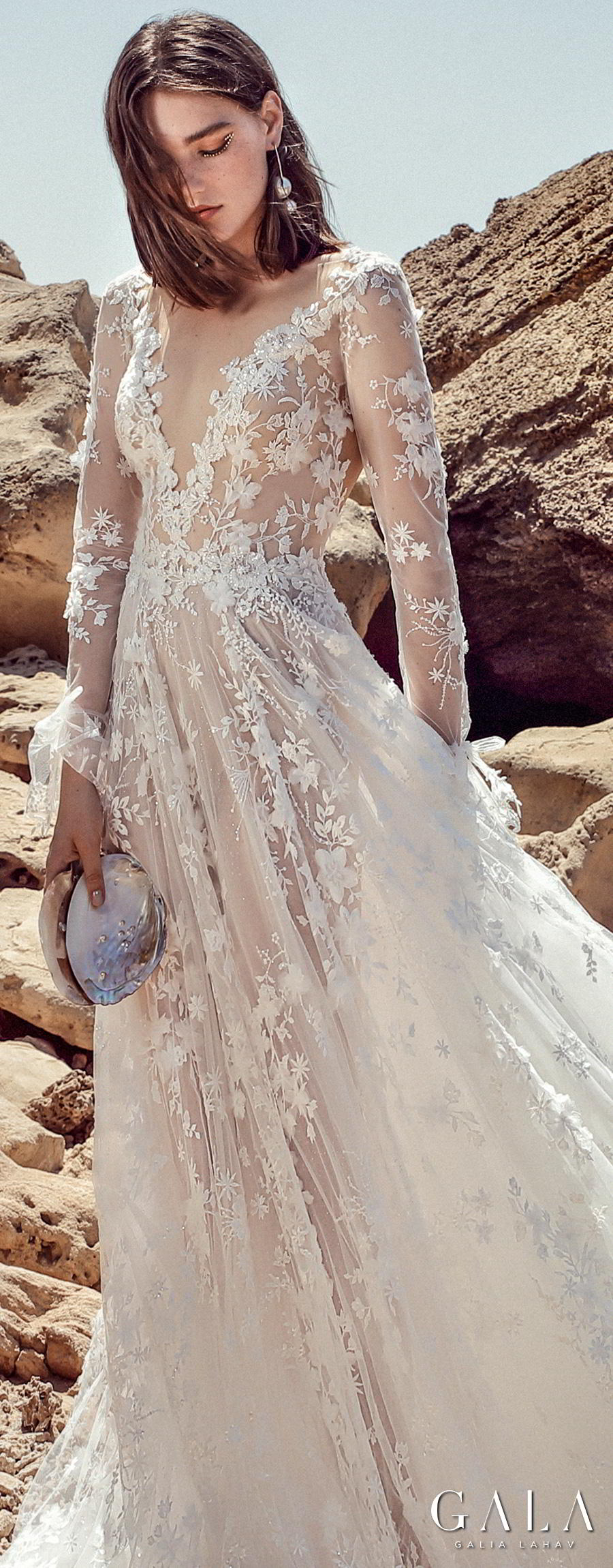 galia lahav fall 2020 gala no 9 bridal long sleeves deep v neck full embellishment romantic soft a  line wedding dress backless scoop back chapel train (408) lv