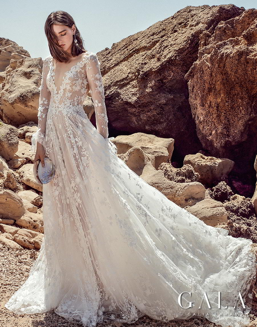 galia lahav fall 2020 gala no 9 bridal long sleeves deep v neck full embellishment romantic soft a  line wedding dress backless scoop back chapel train (408) mv